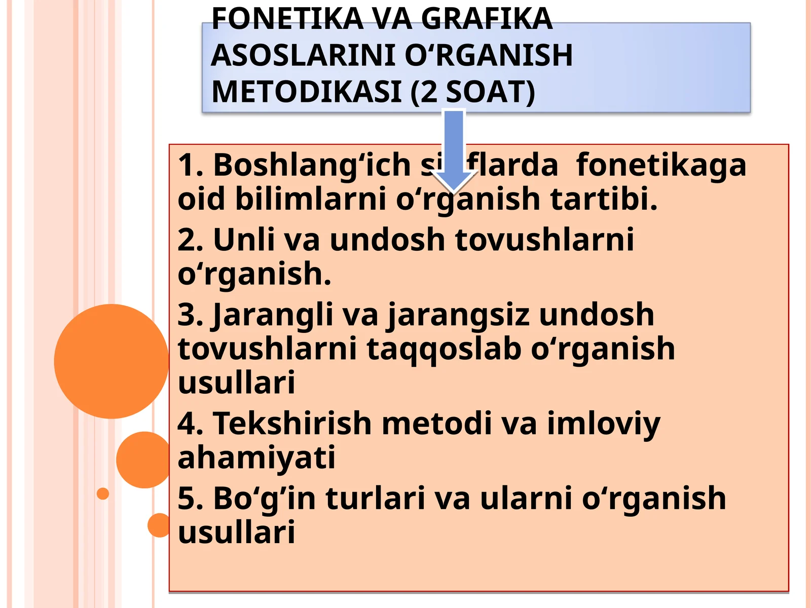FONETIKA VA GRAFIKA ASOSLARINI OʻRGANISH METODIKASI (2 SOAT)