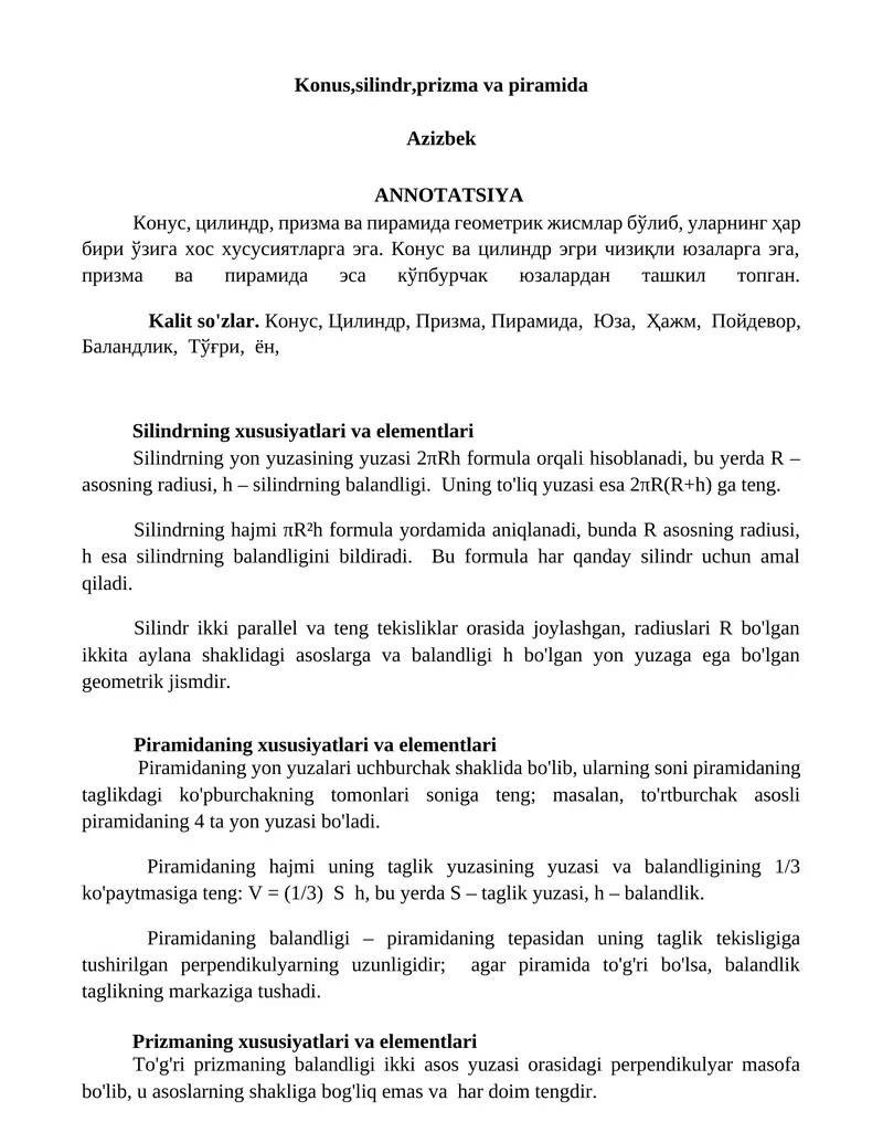 Konus, Silindr, Prizma va Piramida