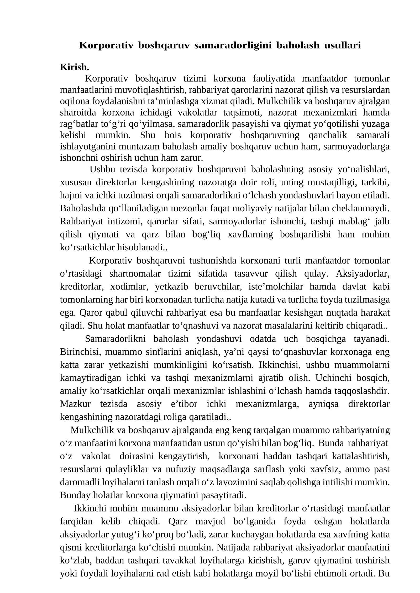 Korporativ boshqaruv samaradorligini baholash usullari