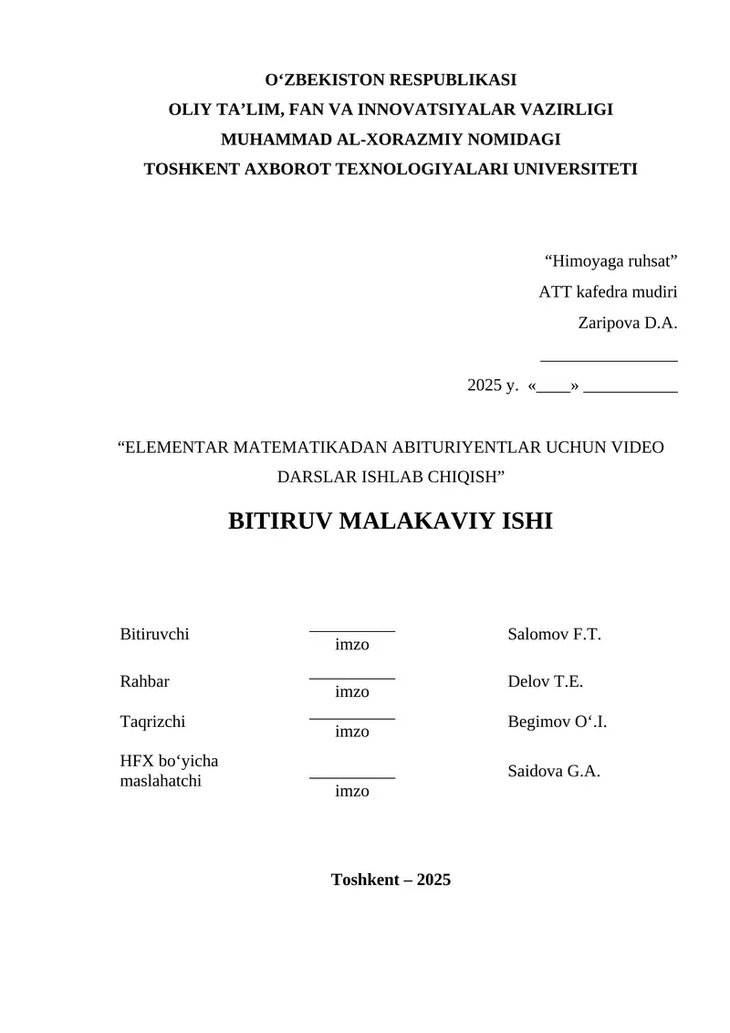 Elementar matematikadan abituriyentlar uchun video darslar ishlab chiqish
