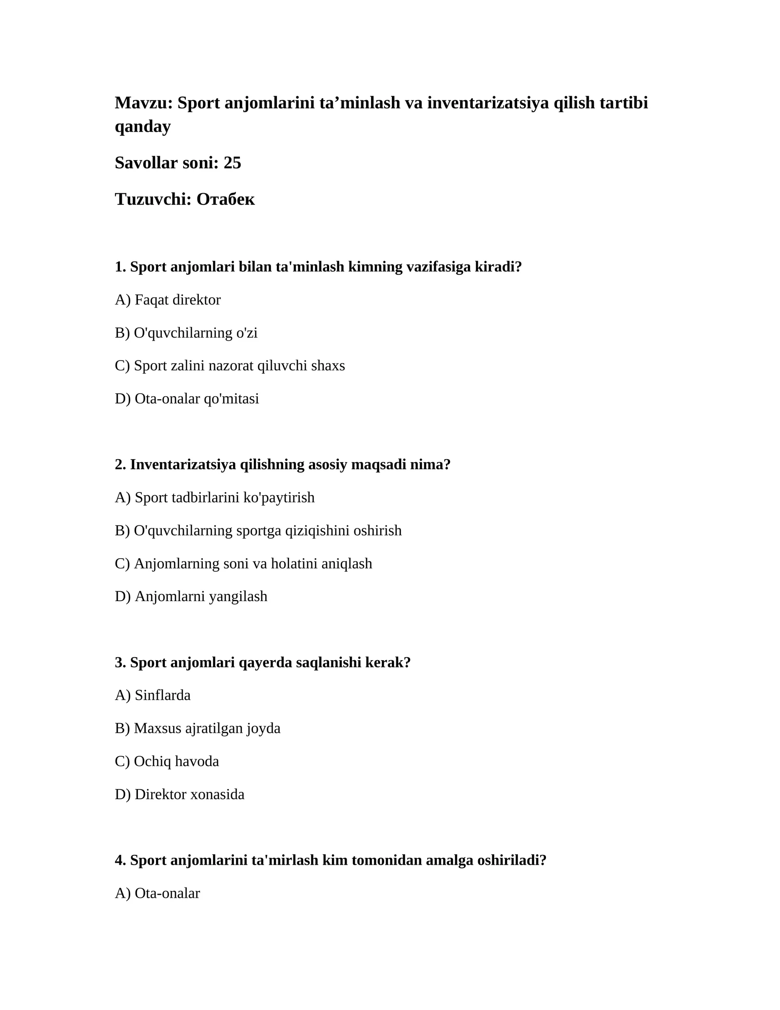 Sport anjomlarini ta’minlash va inventarizatsiya qilish tartibi