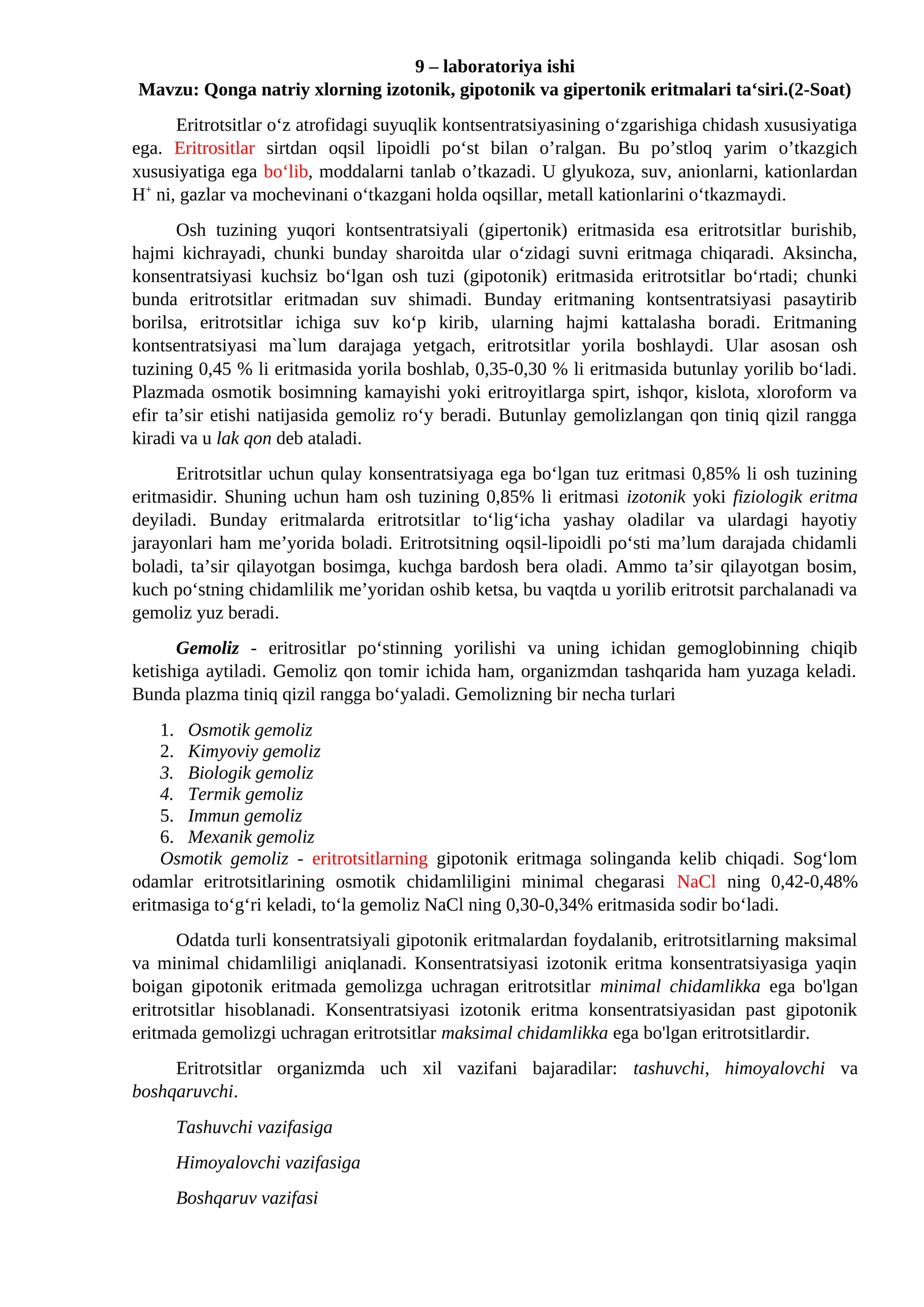 Qonga natriy xlorning izotonik, gipotonik va gipertonik eritmalari ta‘siri
