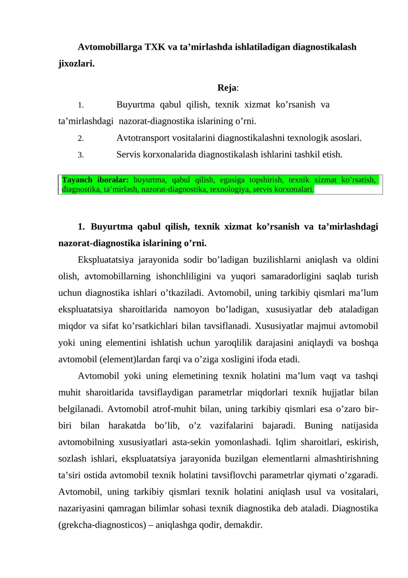 Avtomobillarga TXK va ta’mirlashda ishlatiladigan diagnostikalash jixozlari