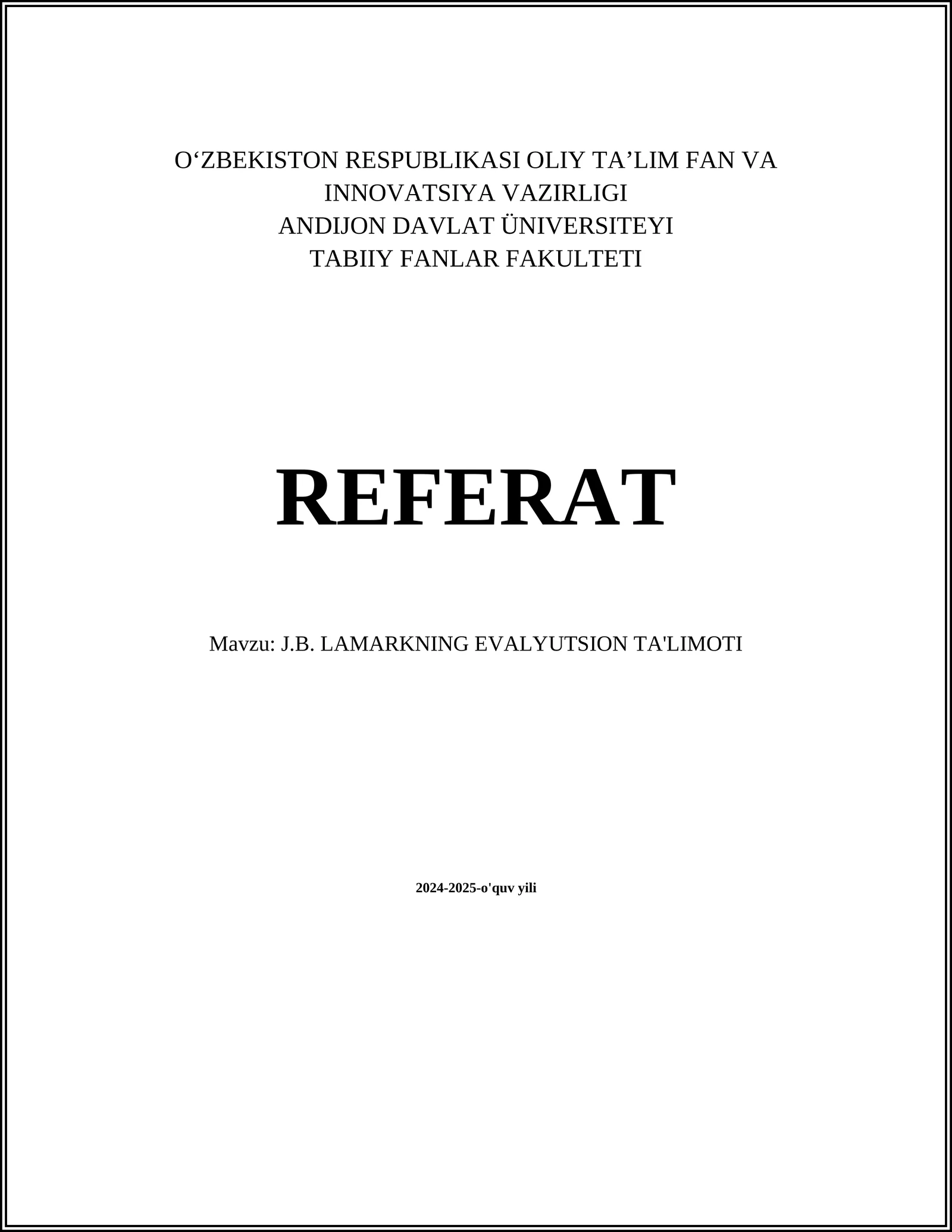 J.B. LAMARKNING EVALYUTSION TA'LIMOTI