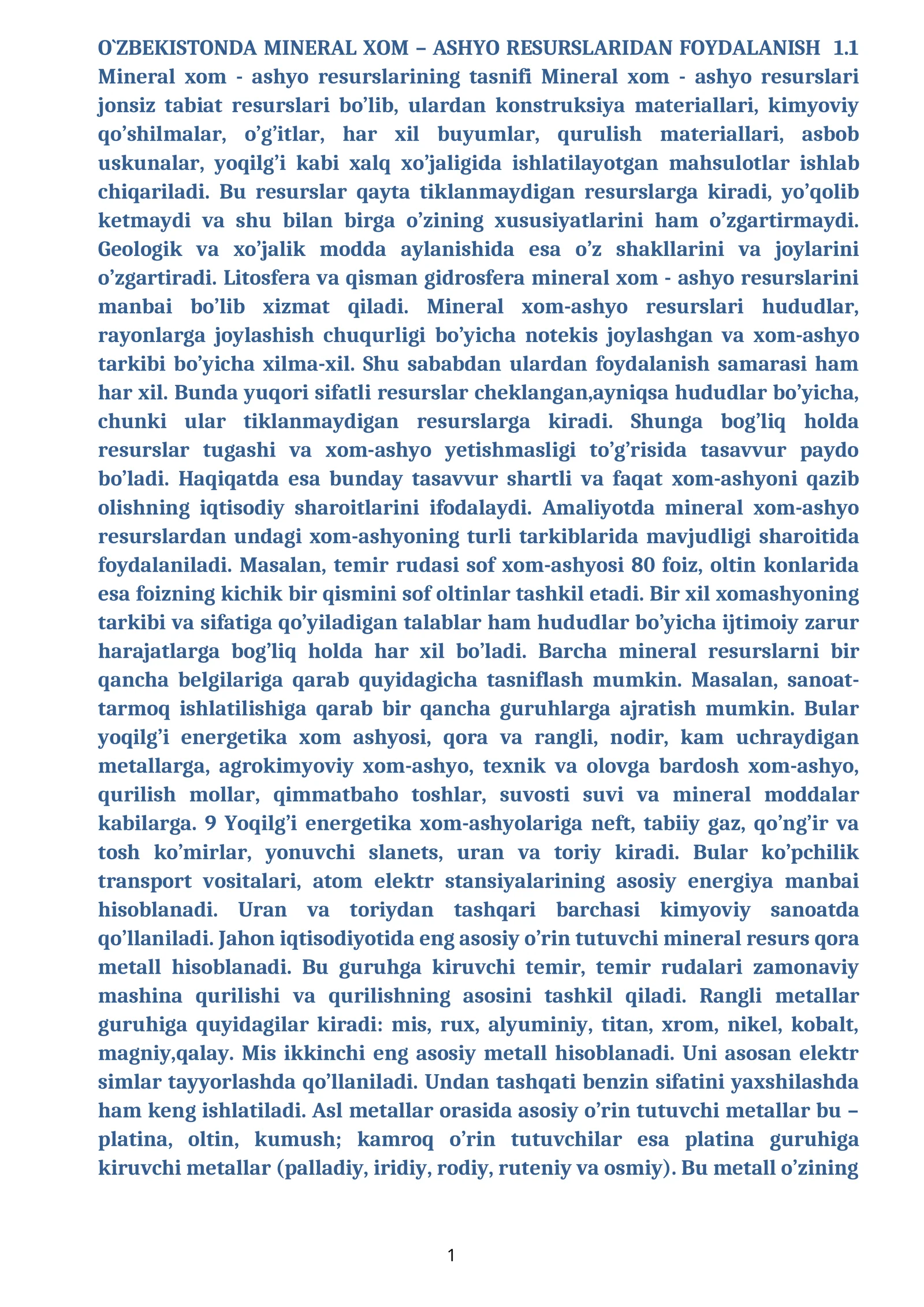 O`ZBEKISTONDA MINERAL XOM – ASHYO RESURSLARIDAN FOYDALANISH