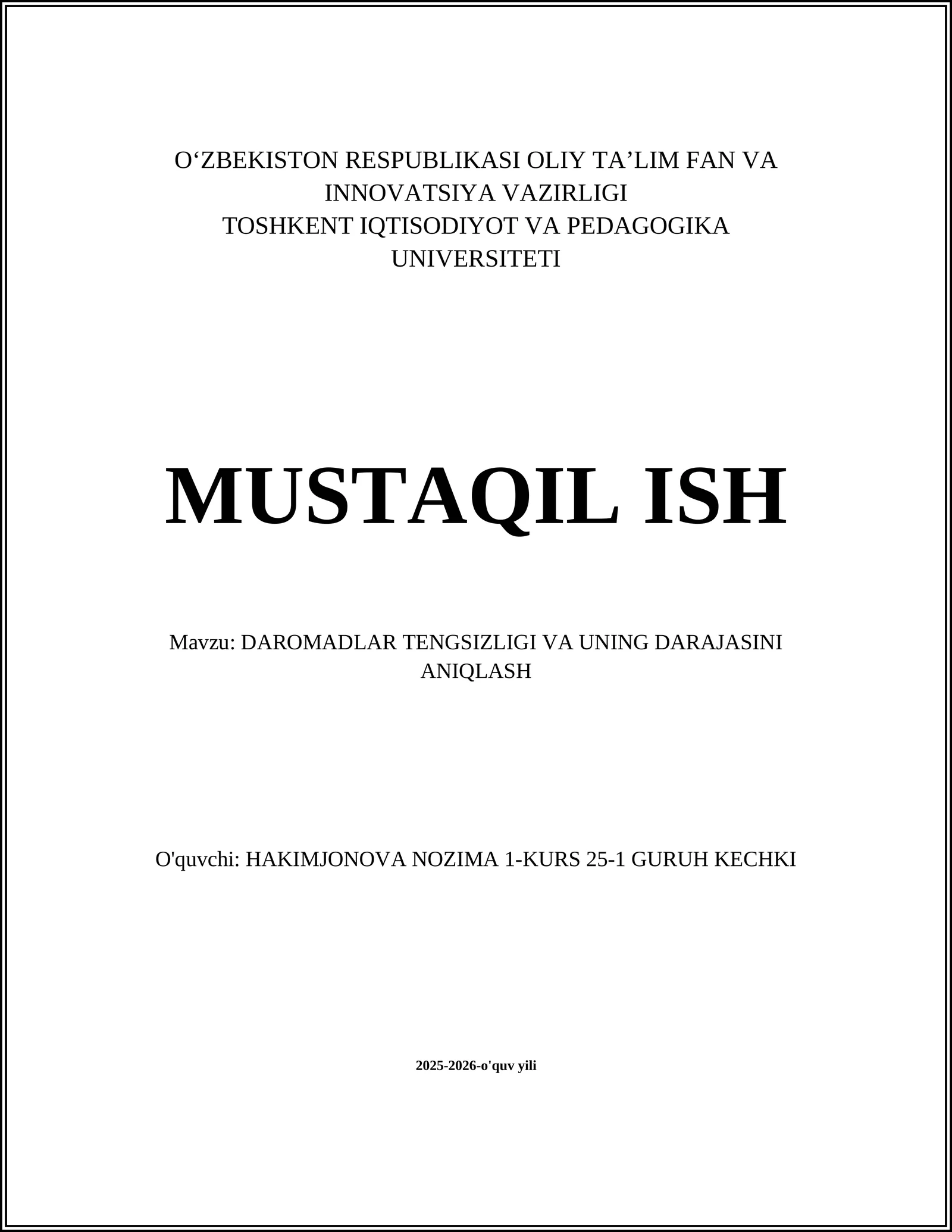 DAROMADLAR TENGSIZLIGI VA UNING DARAJASINI ANIQLASH