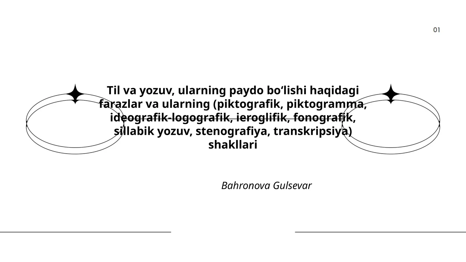 Til va yozuv, ularning paydo bo‘lishi haqidagi farazlar va ularning (piktografik, piktogramma, ideografik-logografik, ieroglifik, fonografik, sillabik yozuv, stenografiya, transkripsiya) shakllari