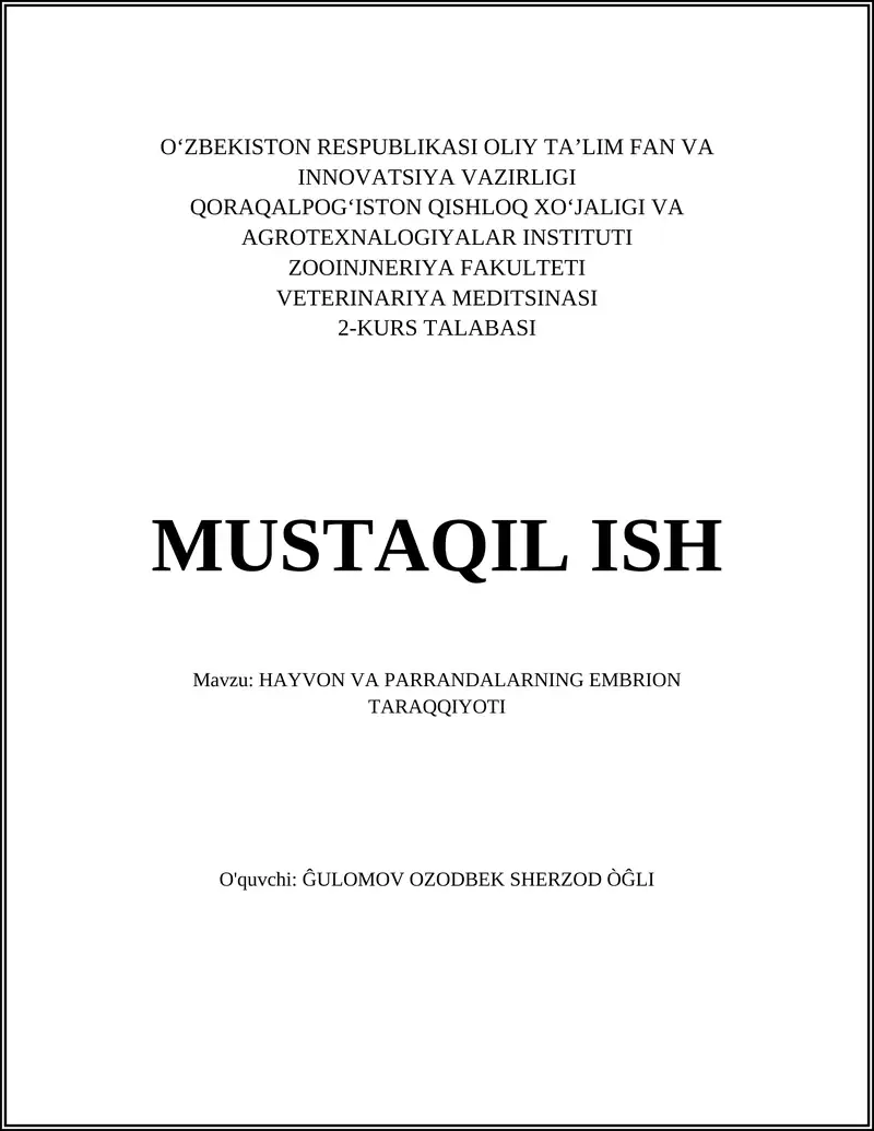 HAYVON VA PARRANDALARNING EMBRION TARAQQIYOTI