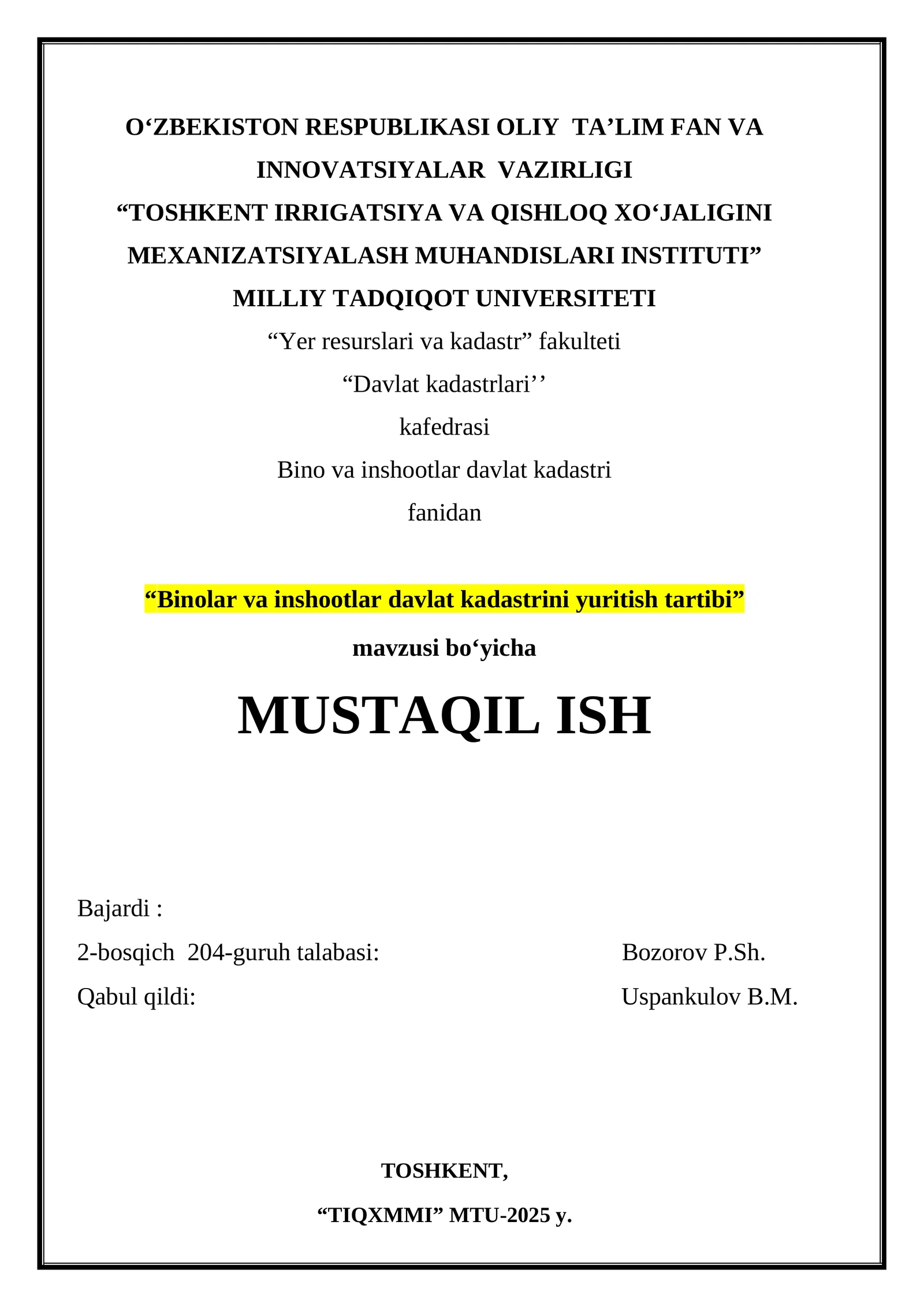 "Binolar va inshootlar davlat kadastrini yuritish tartibi"