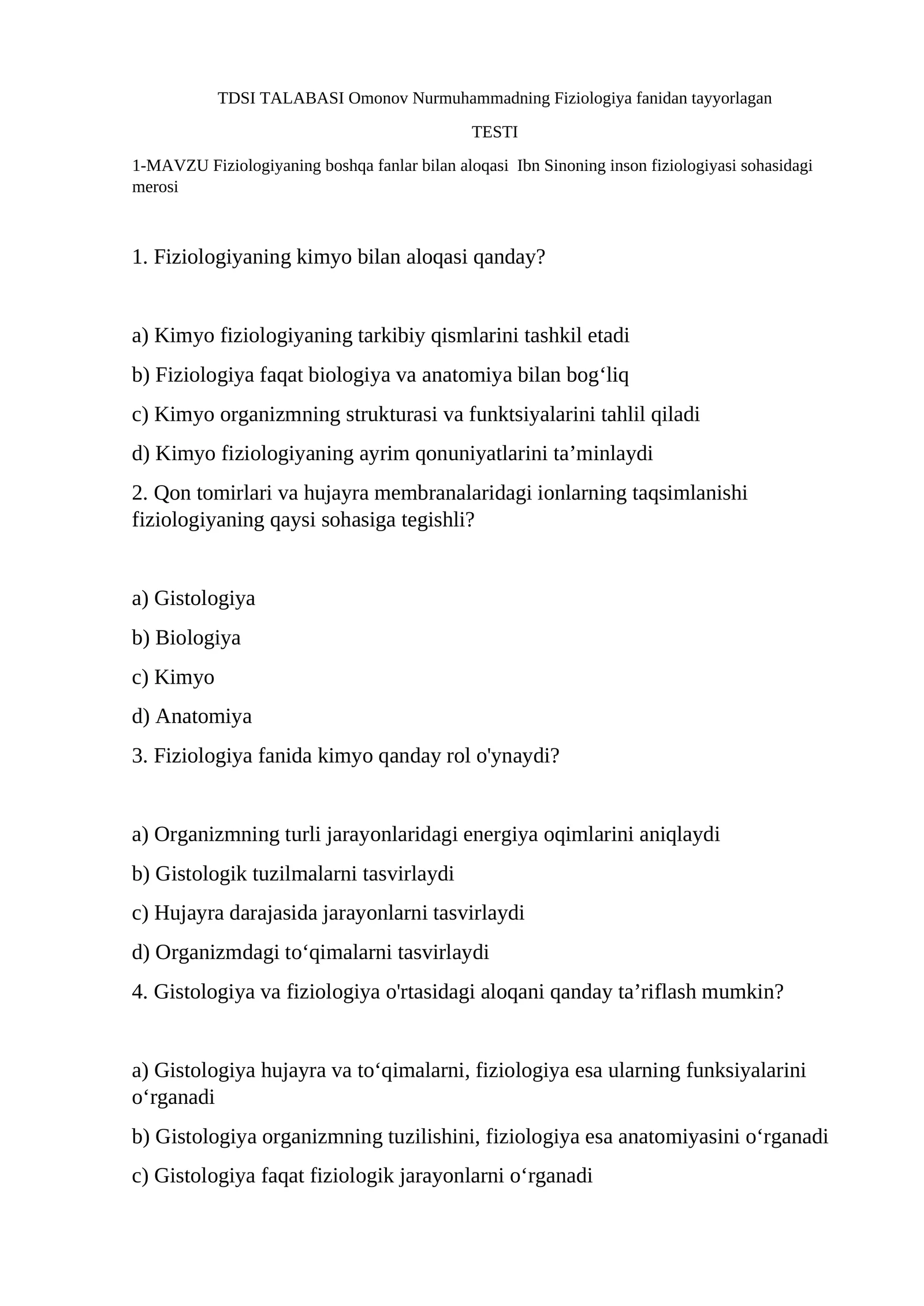 Fiziologiya fanidan tayyorlagan TESTI
