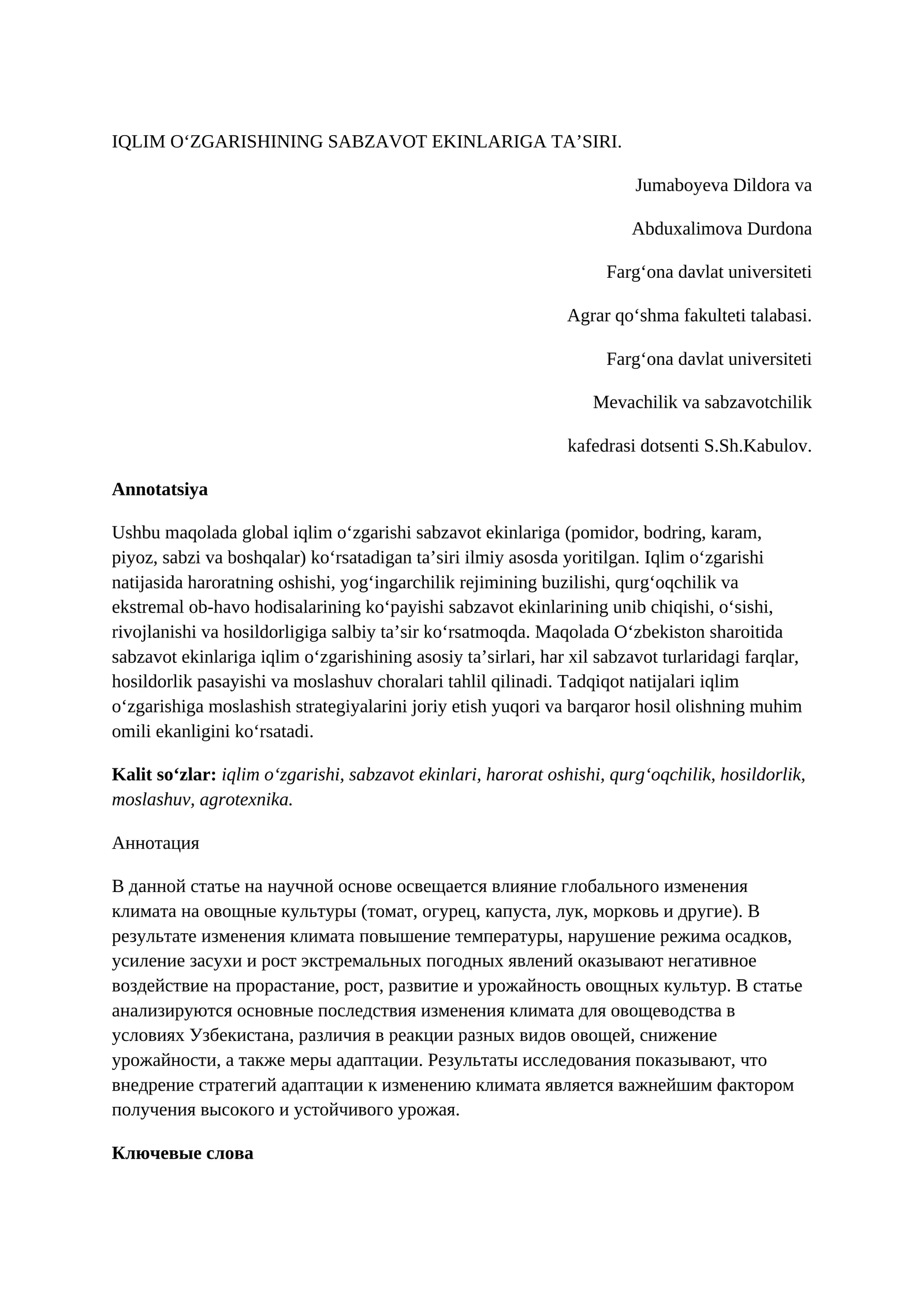 IQLIM O‘ZGARISHINING SABZAVOT EKINLARIGA TA’SIRI
