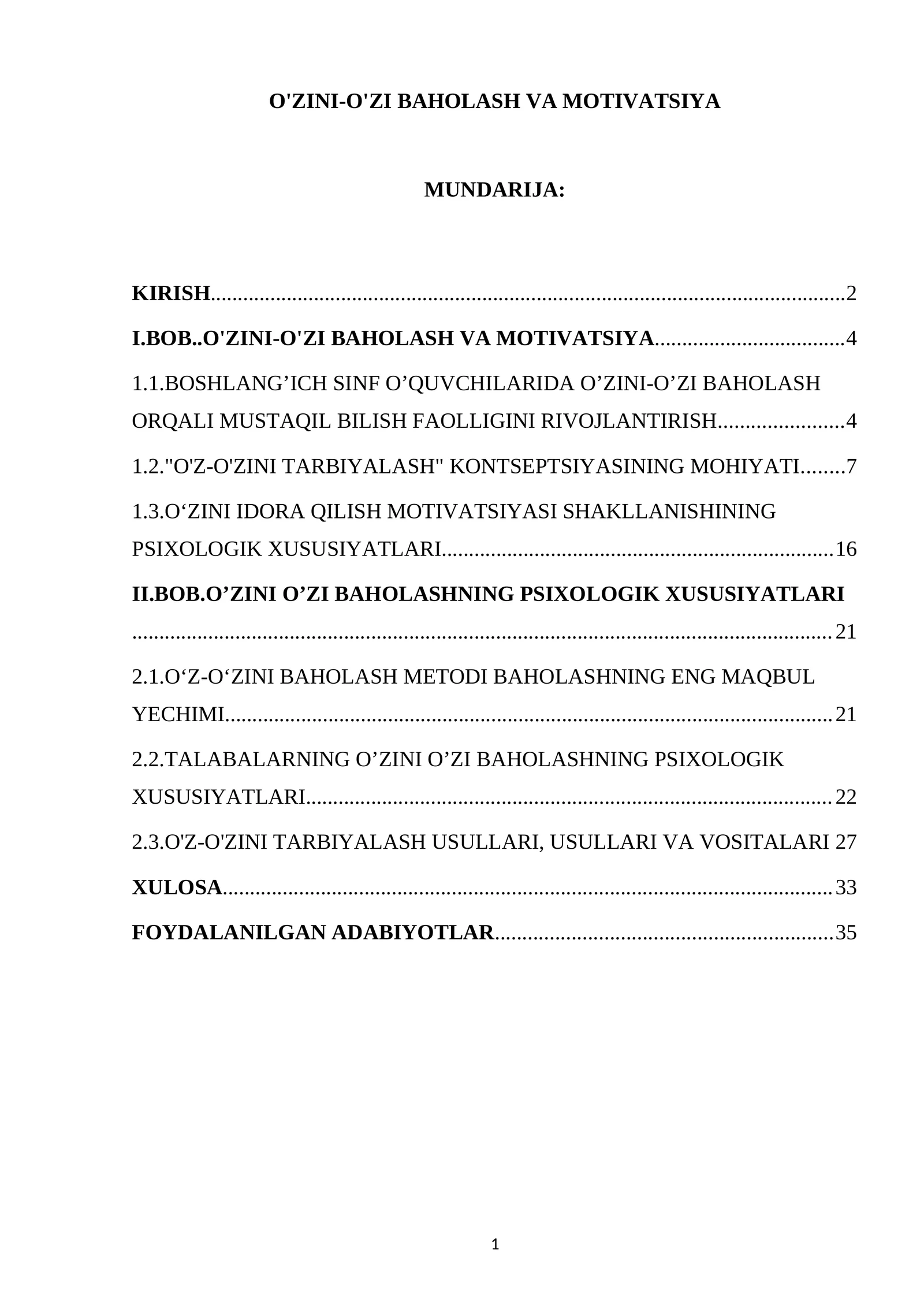 O'ZINI-O'ZI BAHOLASH VA MOTIVATSIYA