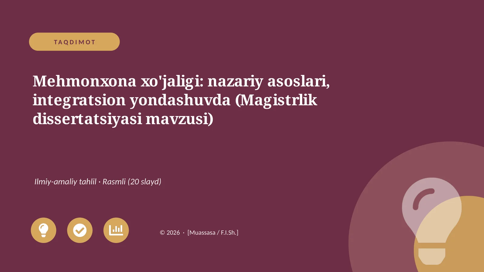 Mehmonxona xo'jaligi: nazariy asoslari, integratsion yondashuvda (Magistrlik dissertatsiyasi mavzusi)