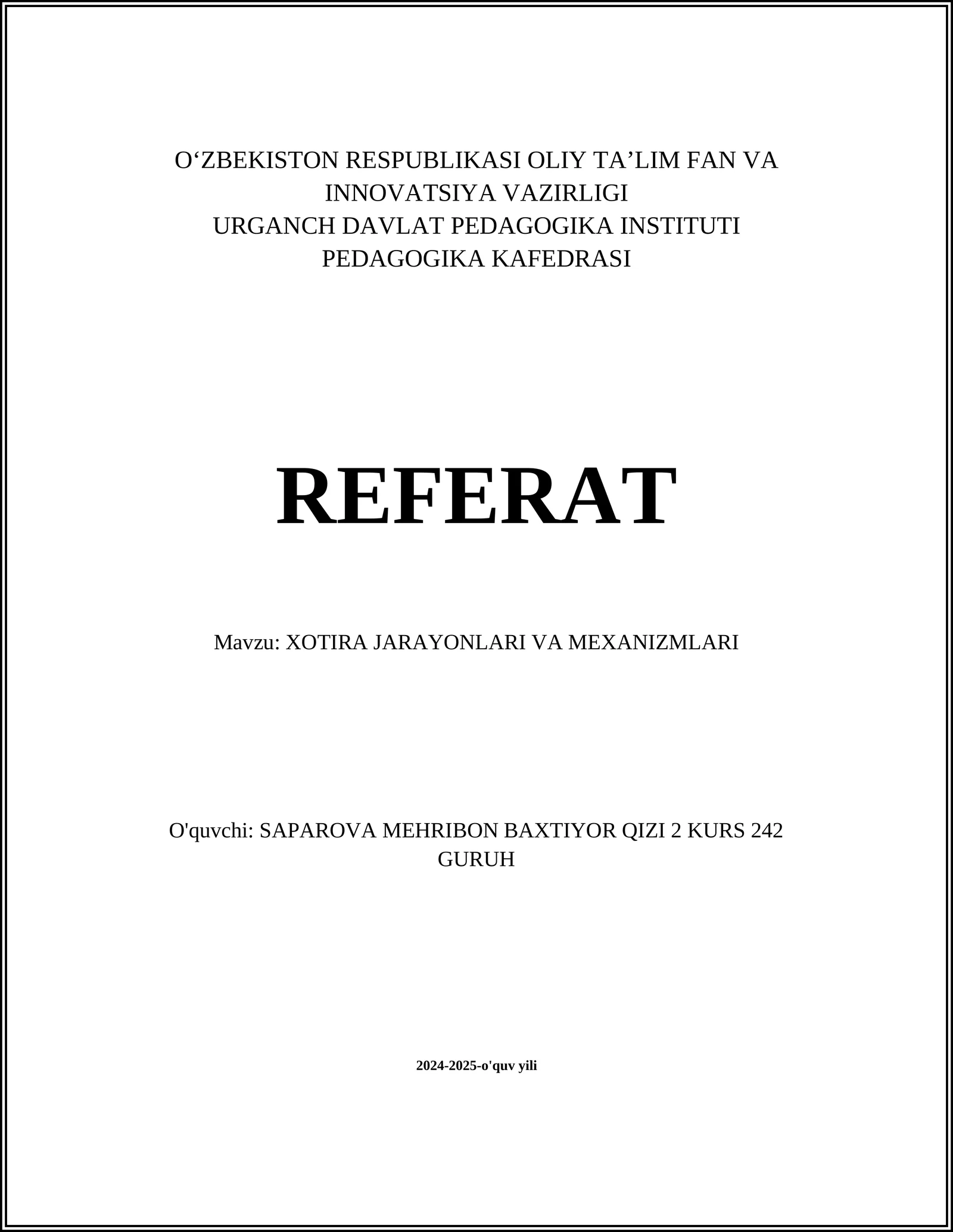 XOTIRA JARAYONLARI VA MEXANIZMLARI