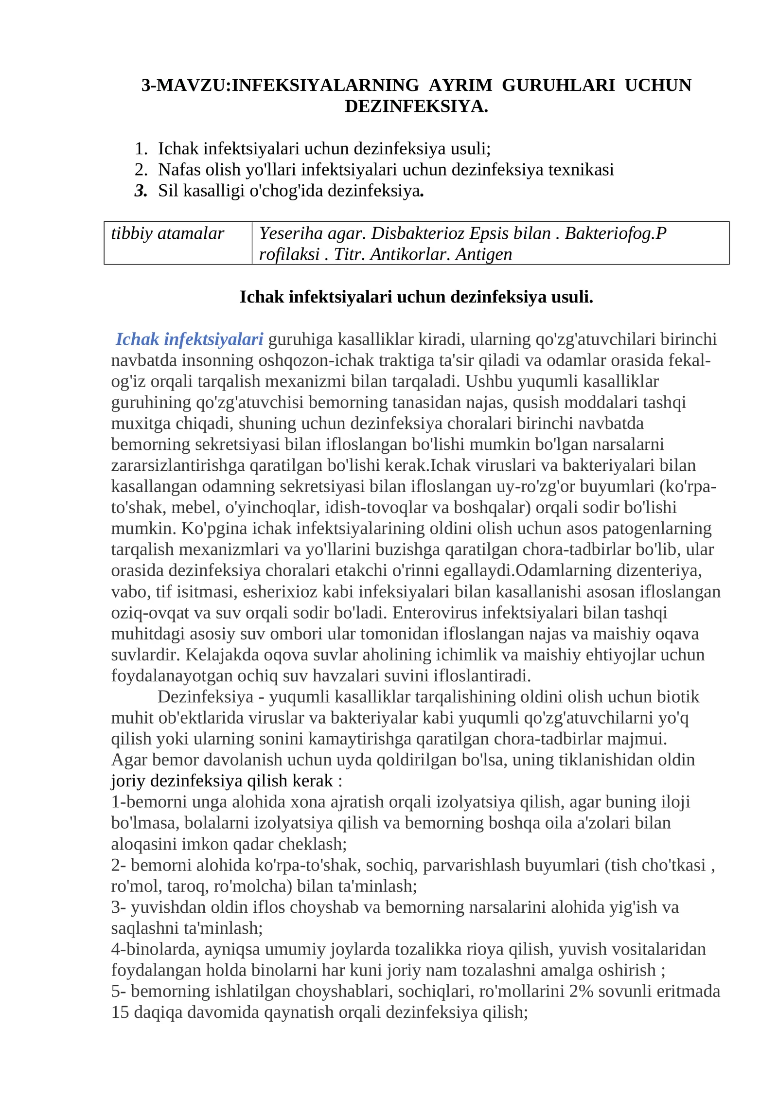 INFEKSIYALARNING AYRIM GURUHLARI UCHUN DEZINFEKSIYA