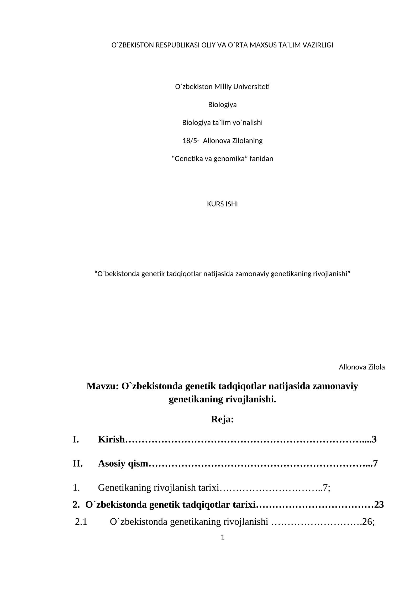 O`zbekistonda genetik tadqiqotlar natijasida zamonaviy genetikaning rivojlanishi