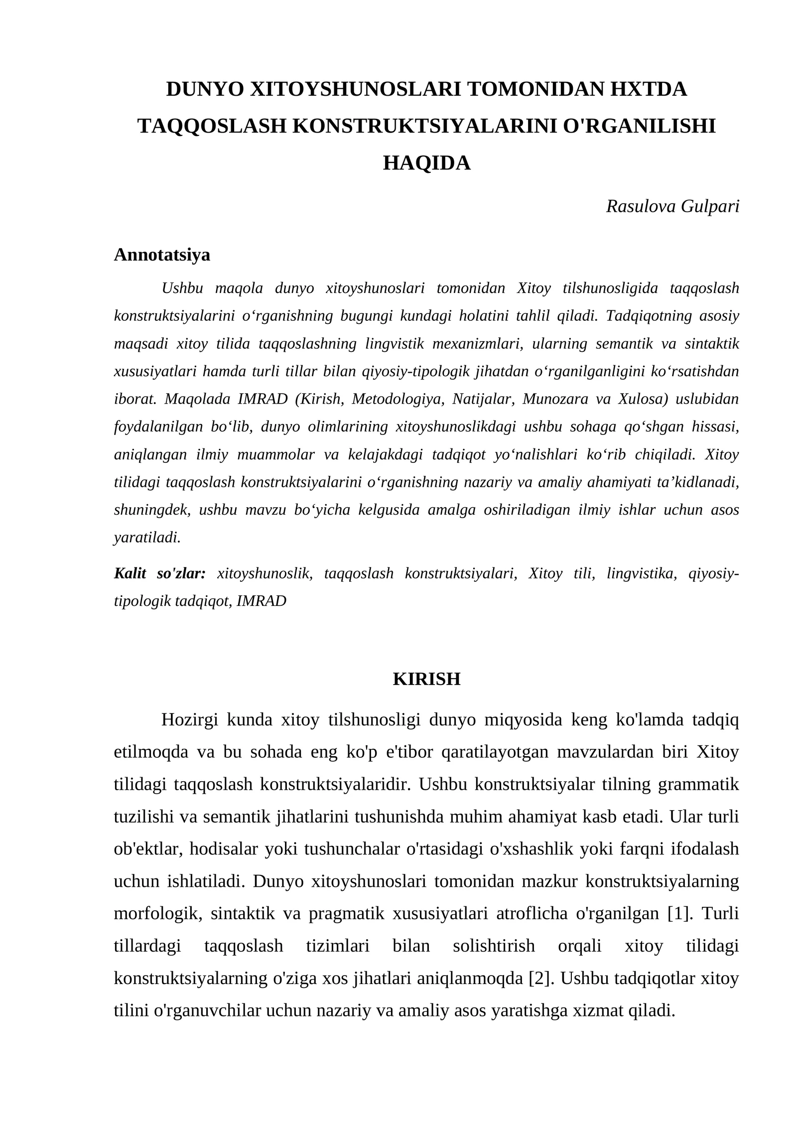 Xitoyshunoslar Tomonidan HXTDA Taqqoslash Konstruksiyalarini O'rganilishi Haqida
