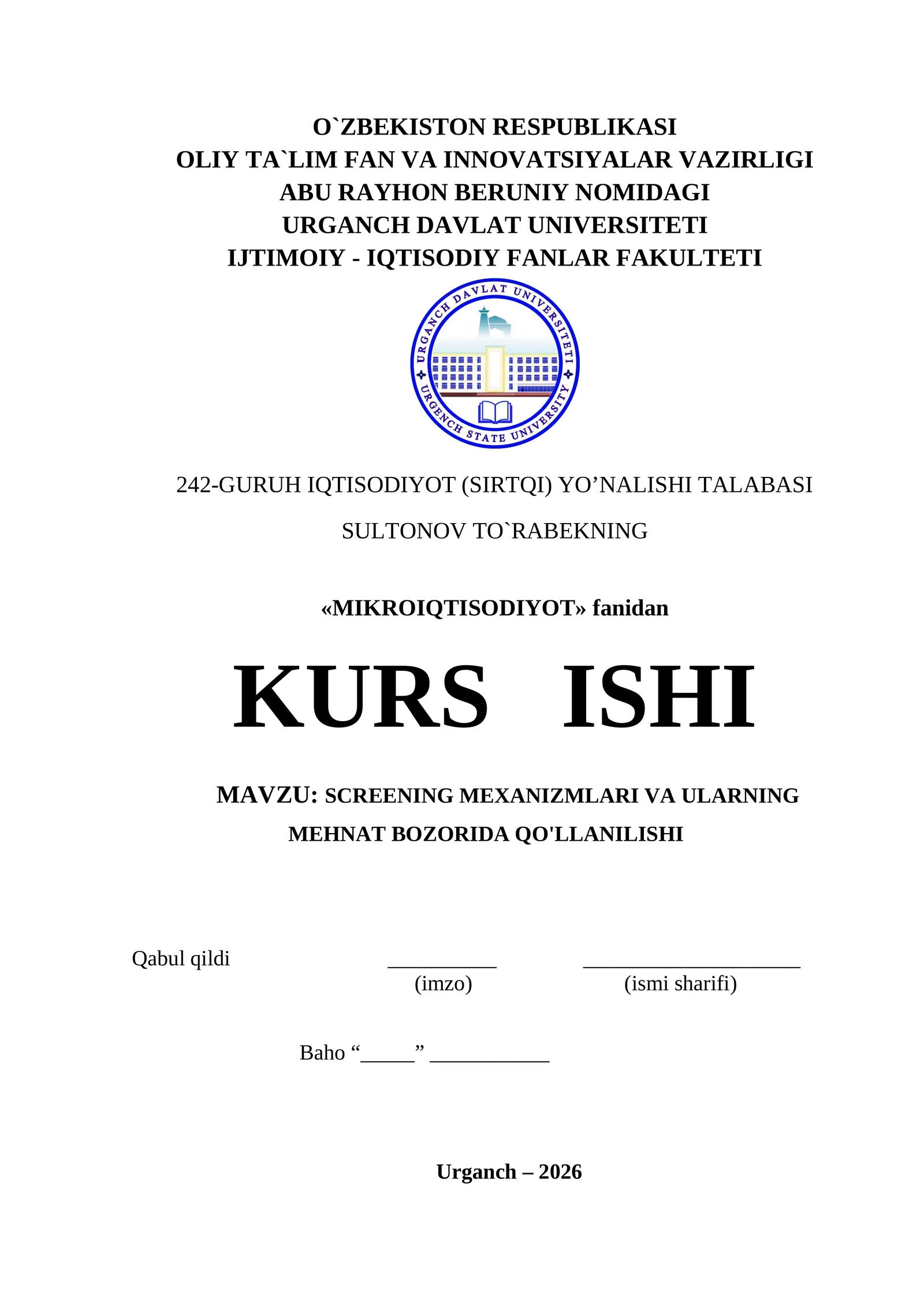SCREENING MEXANIZMLARI VA ULARNING MEHNAT BOZORIDA QO'LLANILISHI