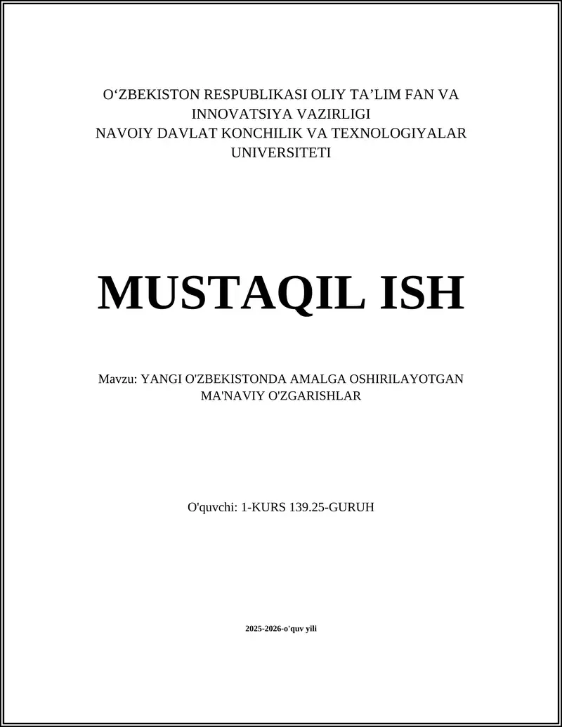 YANGI O'ZBEKISTONDA AMALGA OSHIRILAYOTGAN MA'NAVIY O'ZGARISHLAR