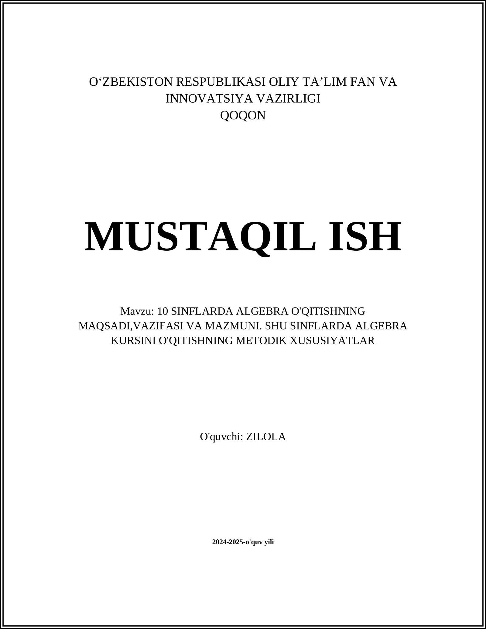 10 SINFLARDA ALGEBRA O'QITISHNING MAQSADI,VAZIFASI VA MAZMUNI