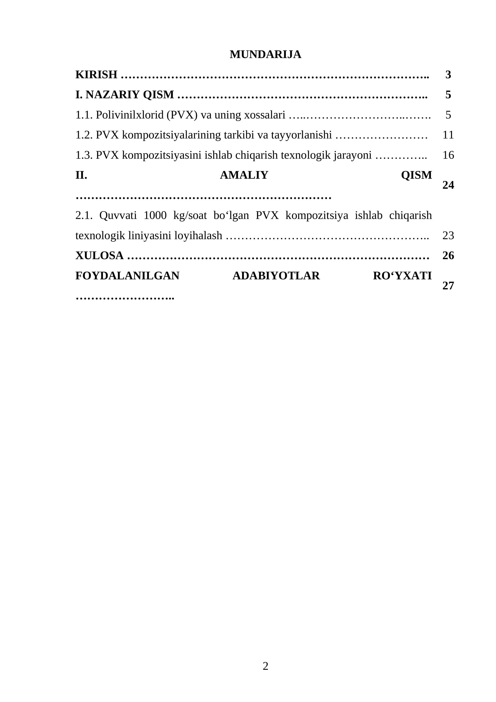 Quvvati 1000 kg/soat boʻlgan polivinilxlorid kompozitsiyasini ishlab chiqarish texnologik liniyasini loyihalash