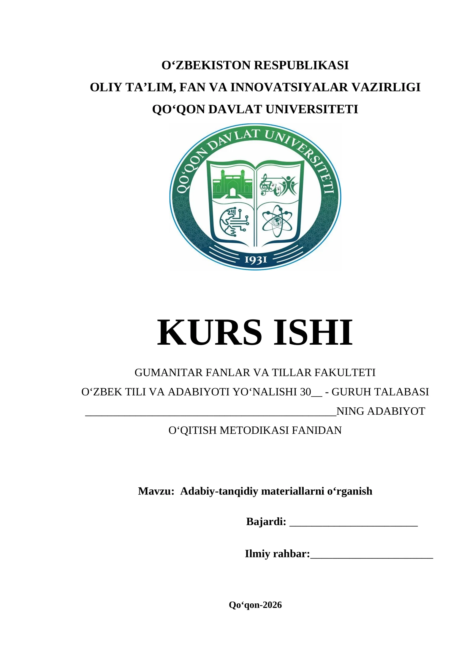 Adabiy-tanqidiy materiallarni o‘rganish    KURS ISHI
