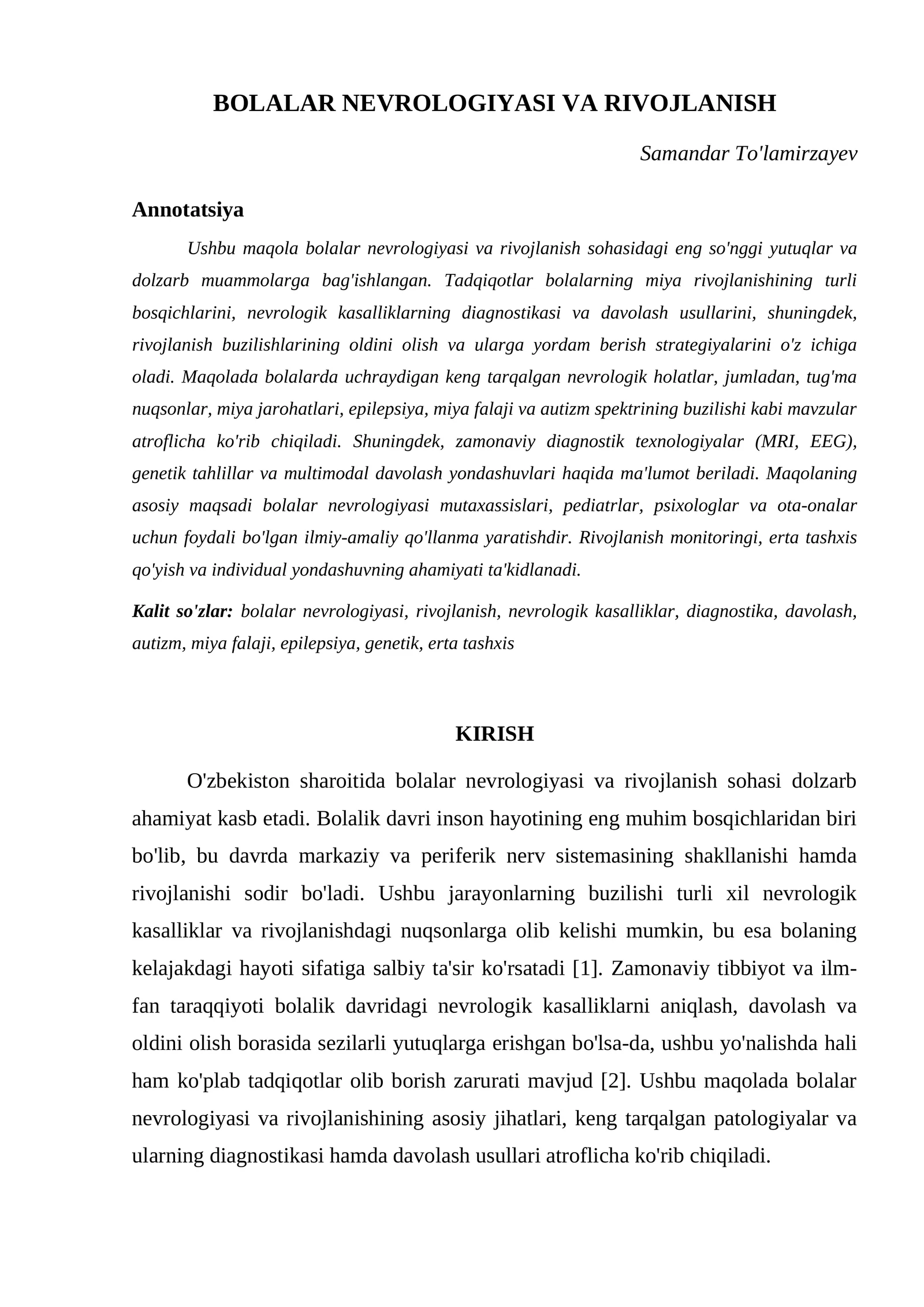 BOLALAR NEVROLOGIYASI VA RIVOJLANISH