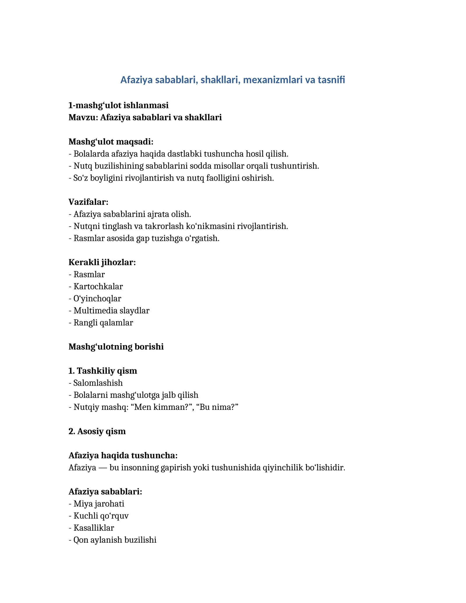 Afaziya sabablari, shakllari, mexanizmlari va tasnifi