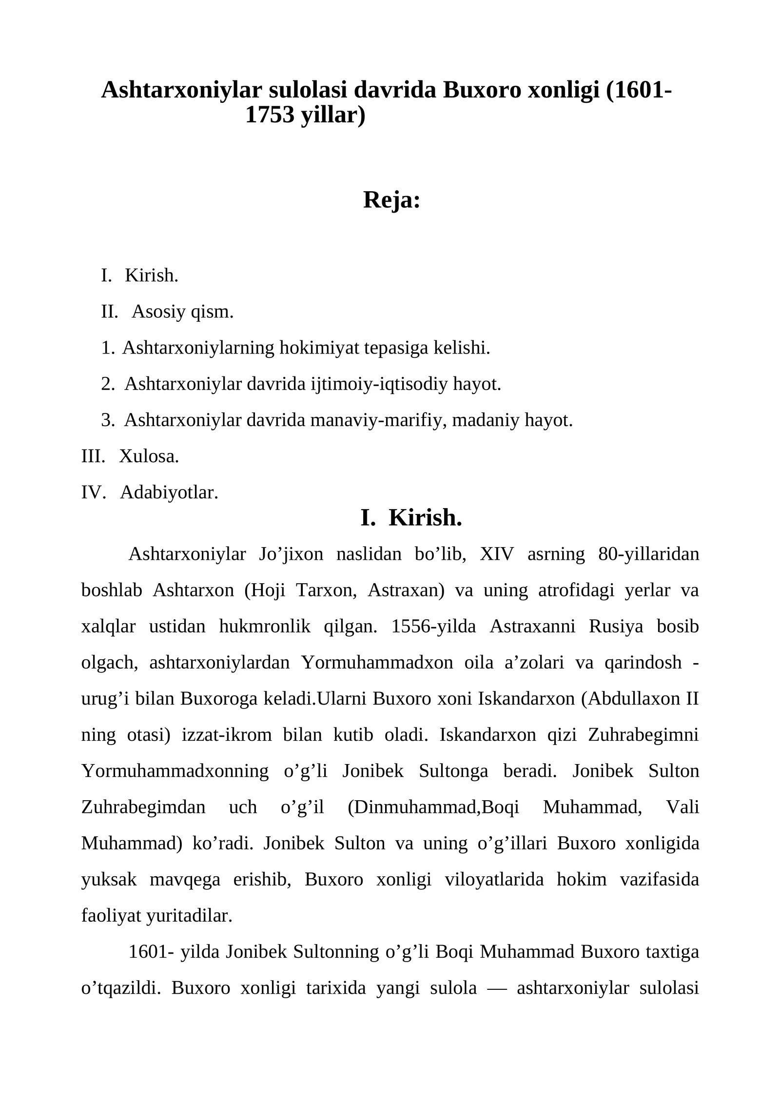 Ashtarxoniylar sulolasi davrida Buxoro xonligi (1601-1753 yillar)