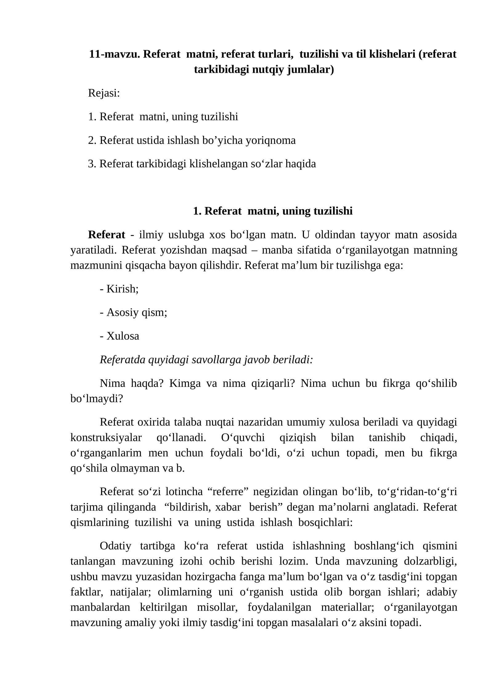 Referat matni, referat turlari, tuzilishi va til klishelari (referat tarkibidagi nutqiy jumlalar)