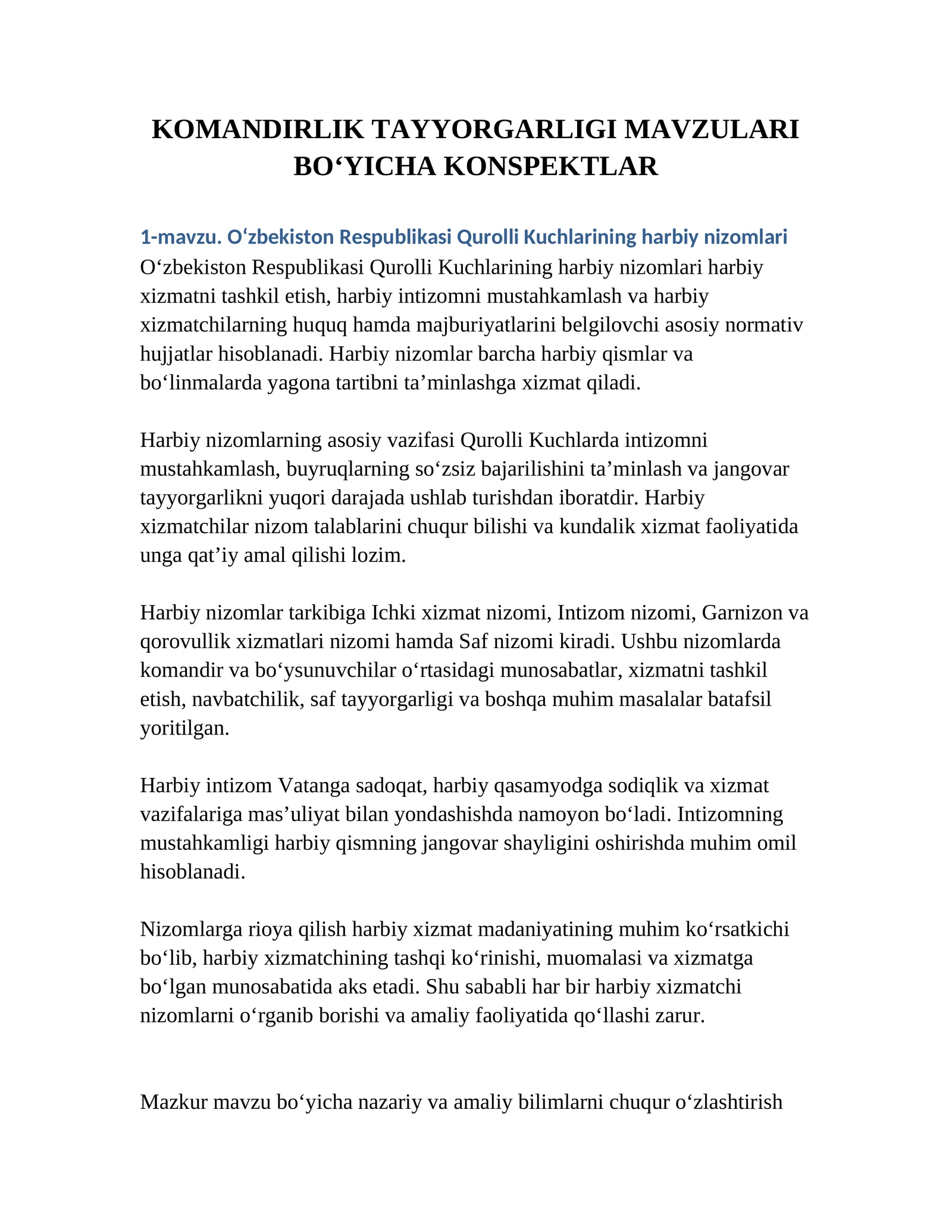 KOMANDIRLIK TAYYORGARLIGI MAVZULARI BO‘YICHA KONSPEKTLAR