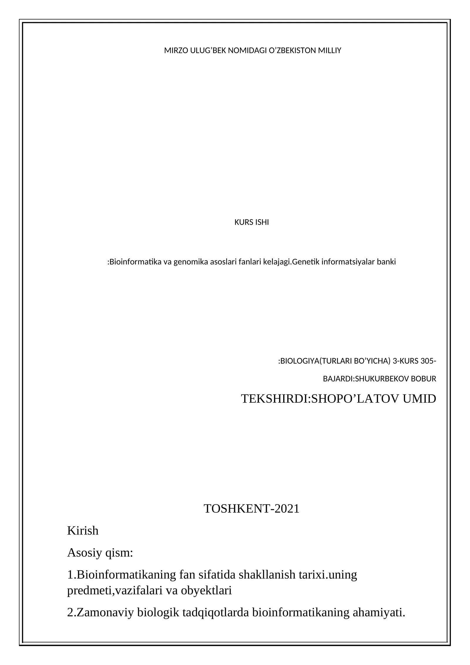 MIRZO ULUG’BEK NOMIDAGI O’ZBEKISTON MILLI KURS ISHI:Bioinformatika va genomika asoslari