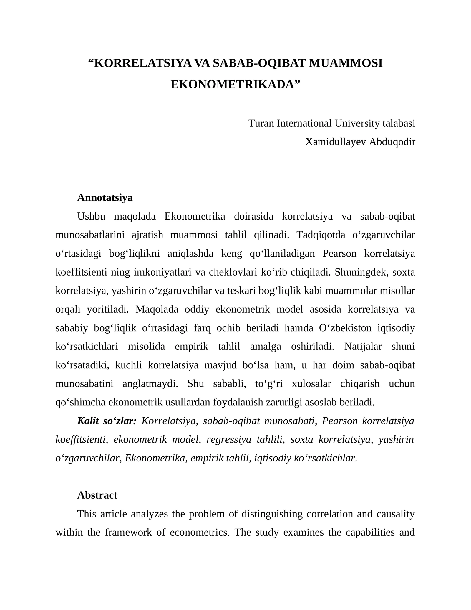 KORRELATSIYA VA SABAB-OQIBAT MUAMMOSI EKONOMETRIKADA