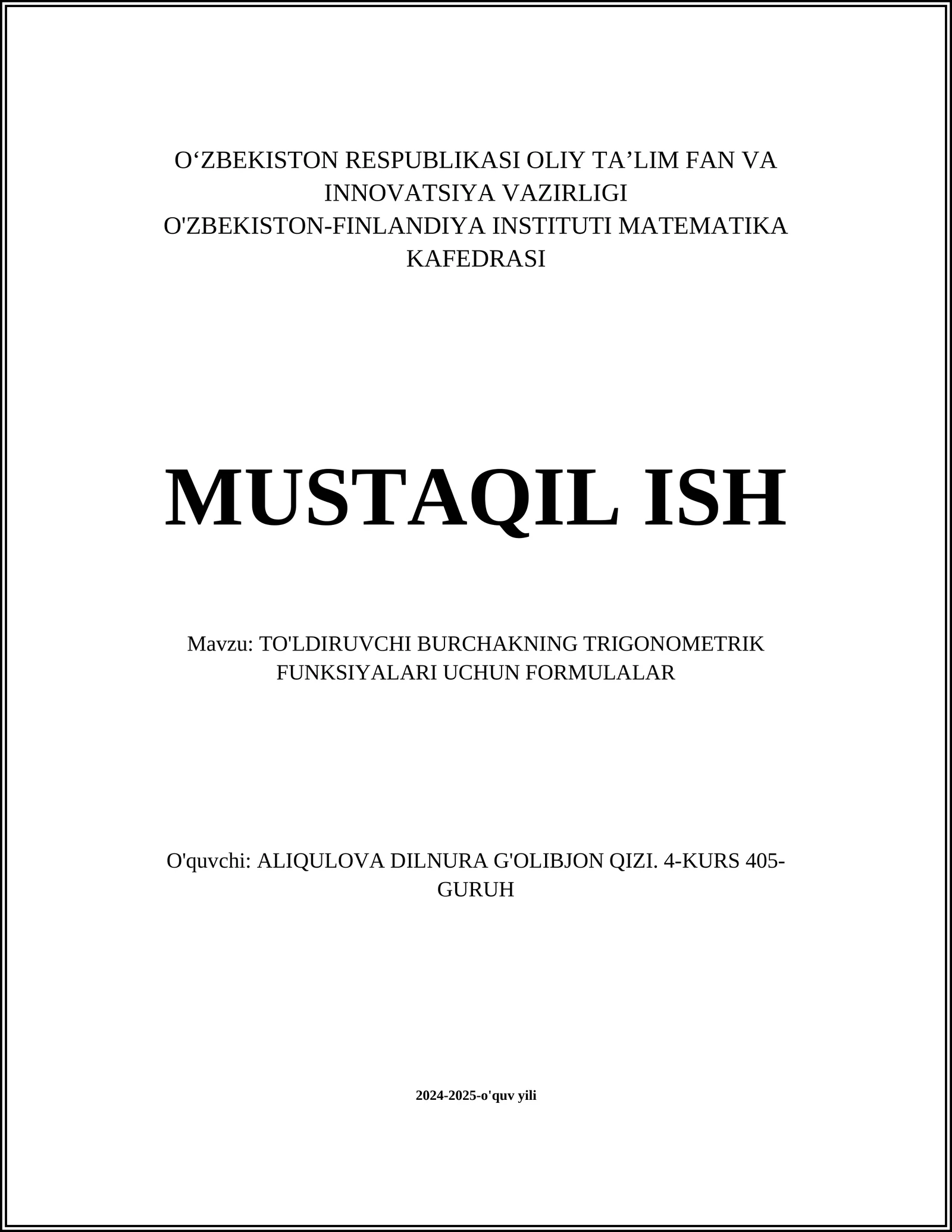 TO'LDIRUVCHI BURCHAKNING TRIGONOMETRIK FUNKSIYALARI UCHUN FORMULALAR