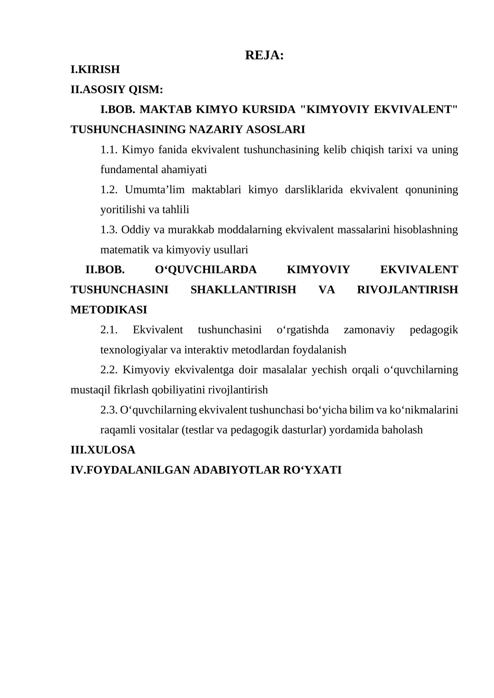 KIMYOVIY EKVIVALENT TUSHUNCHASINING NAZARIY ASOSLARI VA UNI O'RGATISH METODIKASI
