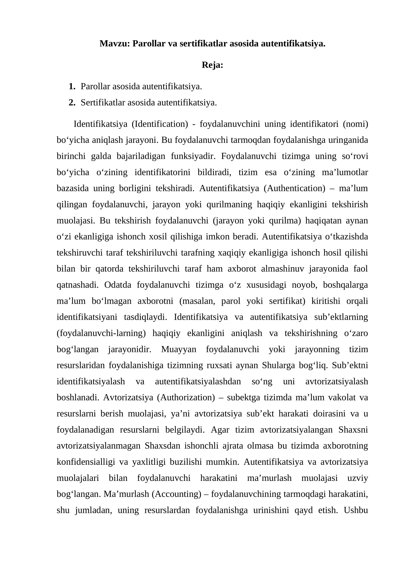 Parollar va sertifikatlar asosida autentifikatsiya