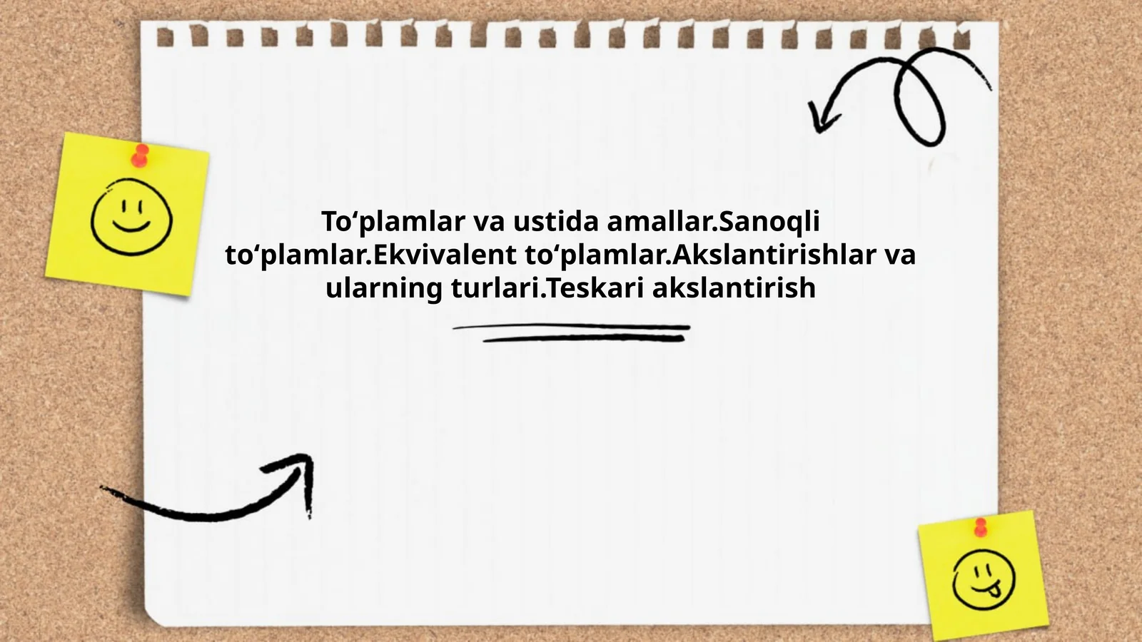 Toʻplamlar va ustida amallar.Sanoqli toʻplamlar.Ekvivalent toʻplamlar.Akslantirishlar va ularning turlari.Teskari akslantirish
