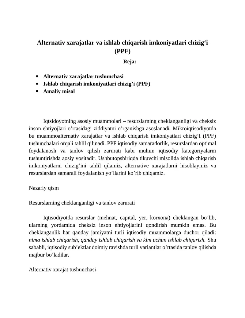 Alternativ xarajatlar va ishlab chiqarish imkoniyatlari chizig'i (PPF)