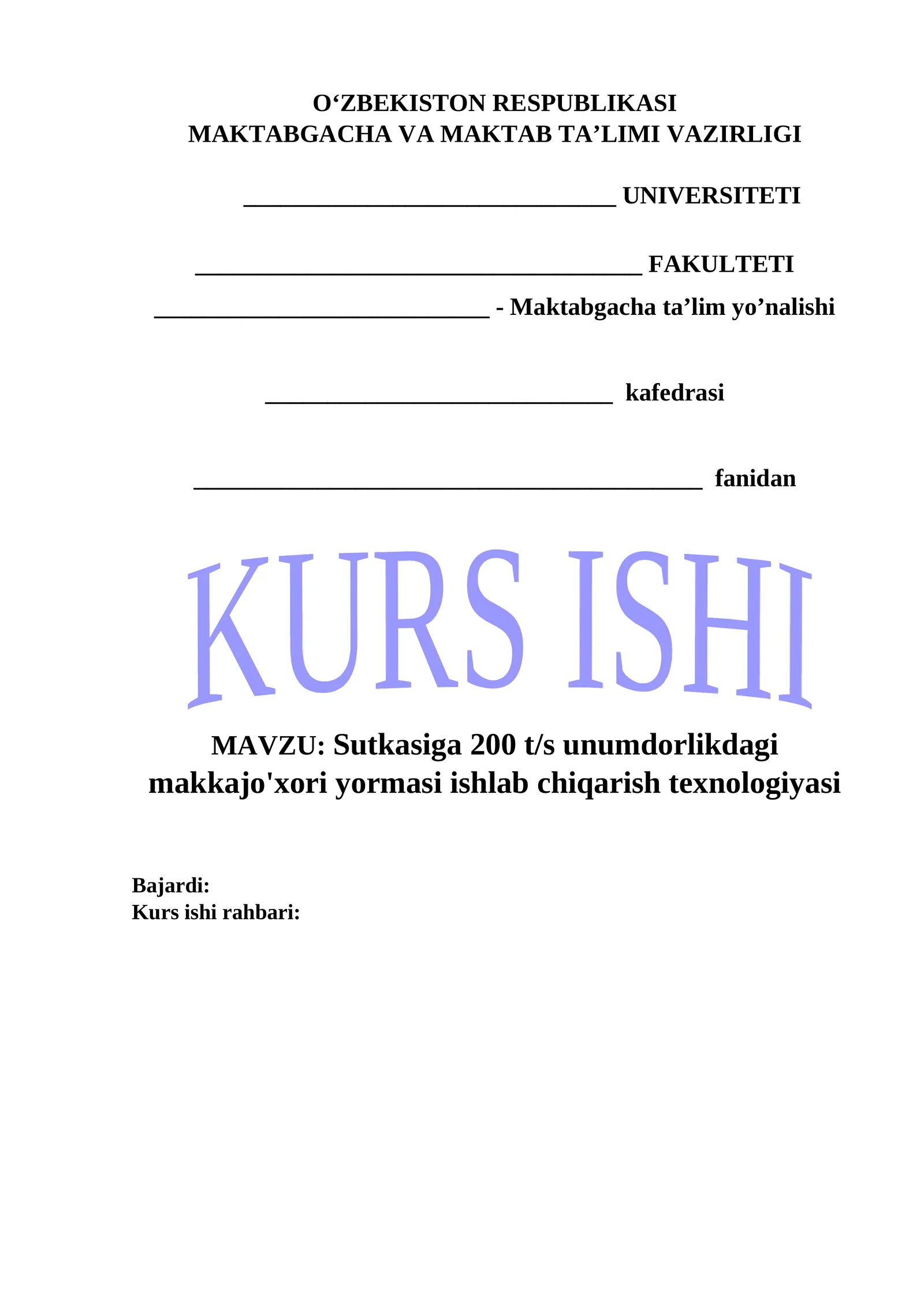 Sutkasiga 200 t/s unumdorlikdagi makkajo'xori yormasi ishlab chiqarish texnologiyasi