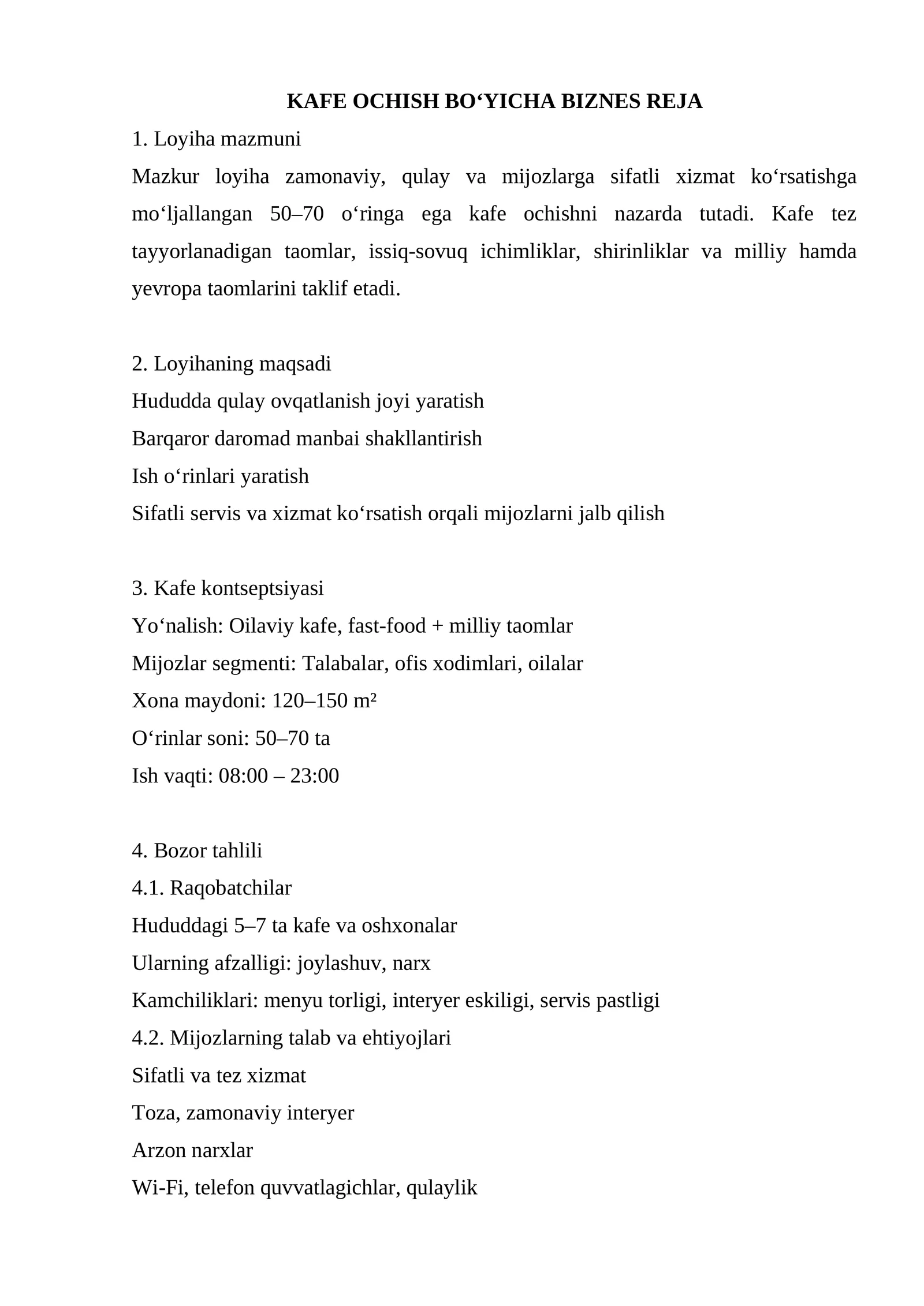 KAFE OCHISH BO‘YICHA BIZNES REJA