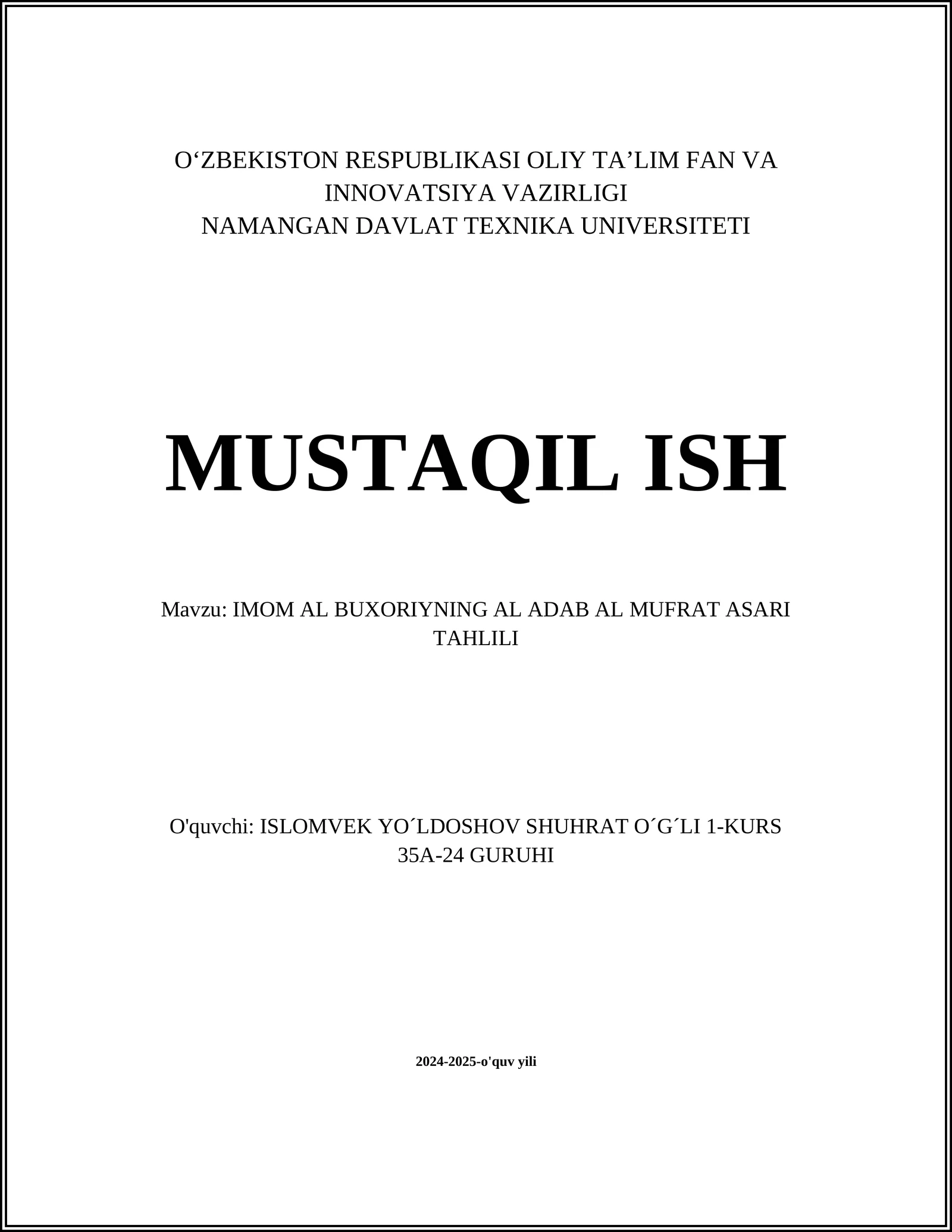 IMOM AL BUXORIYNING AL ADAB AL MUFRAT ASARI TAHLILI