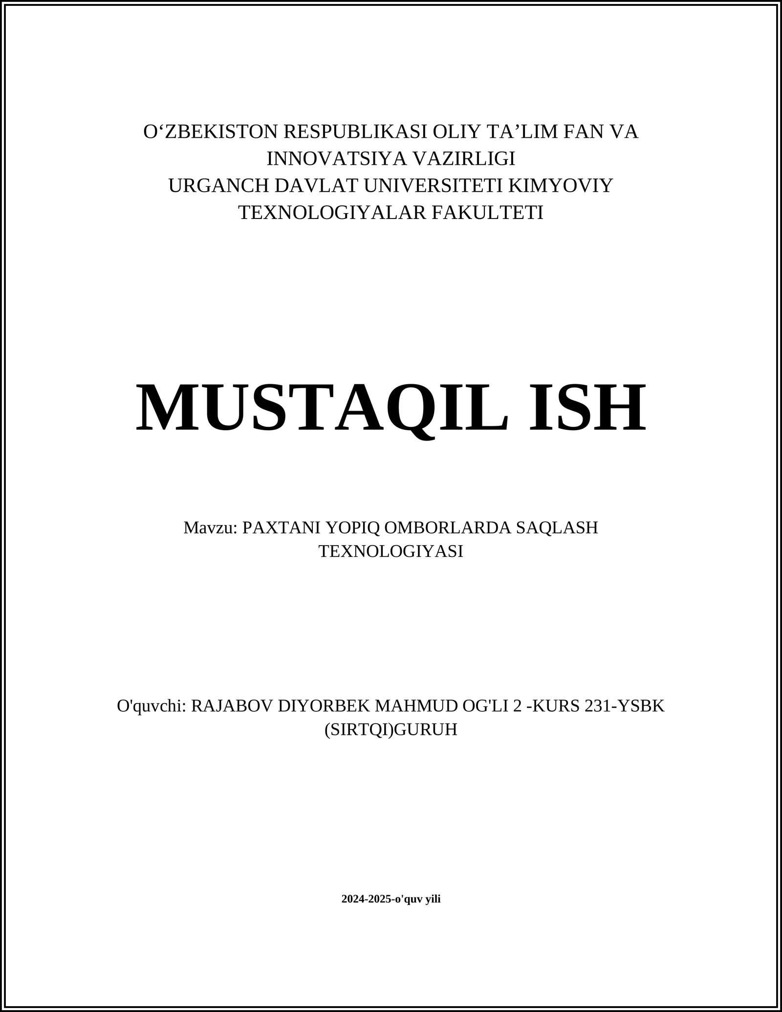 PAXTANI YOPIQ OMBORLARDA SAQLASH TEXNOLOGIYASI