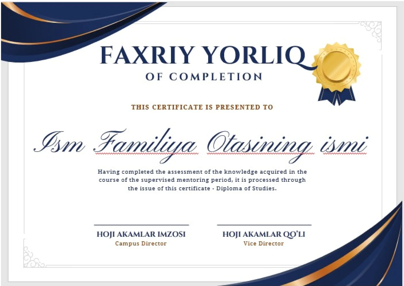 FAXRIY YORLIQ OF COMPLETION