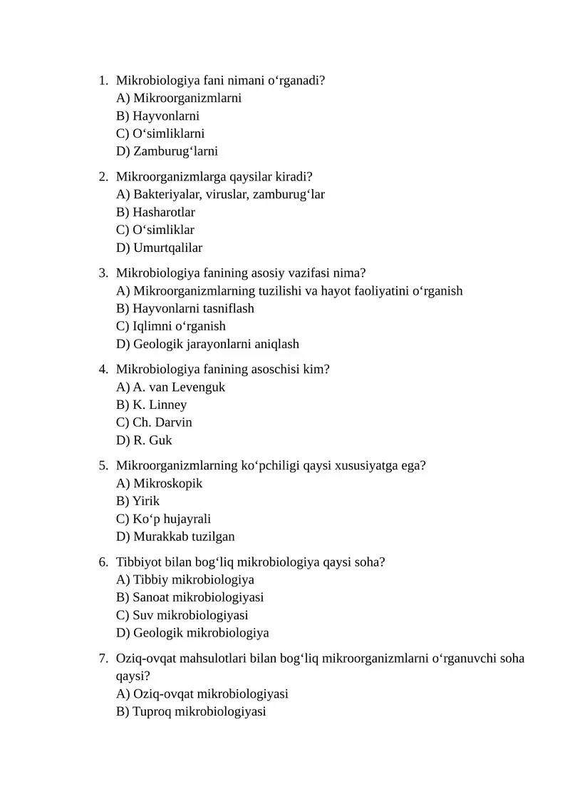 Mikrobiologiya va virusologiya test JAVOBSIZ 2025