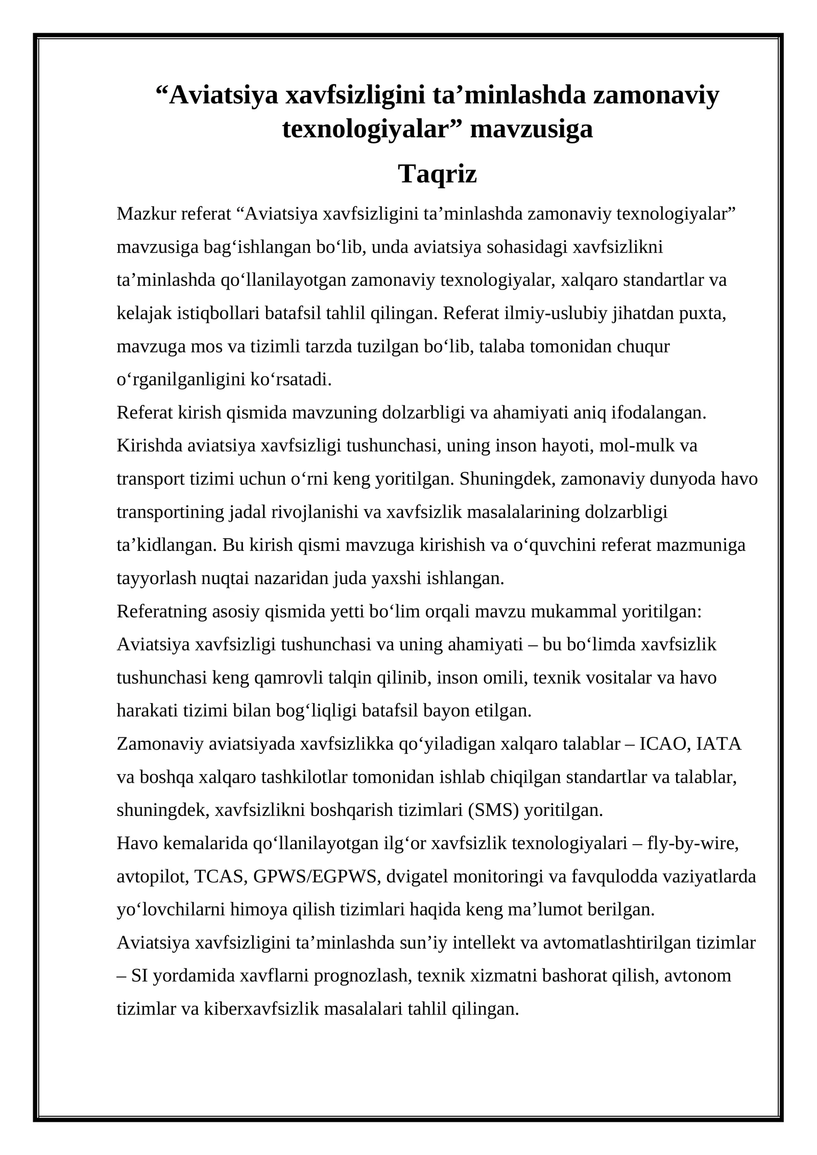 Aviatsiya xavfsizligini ta’minlashda zamonaviy texnologiyalar