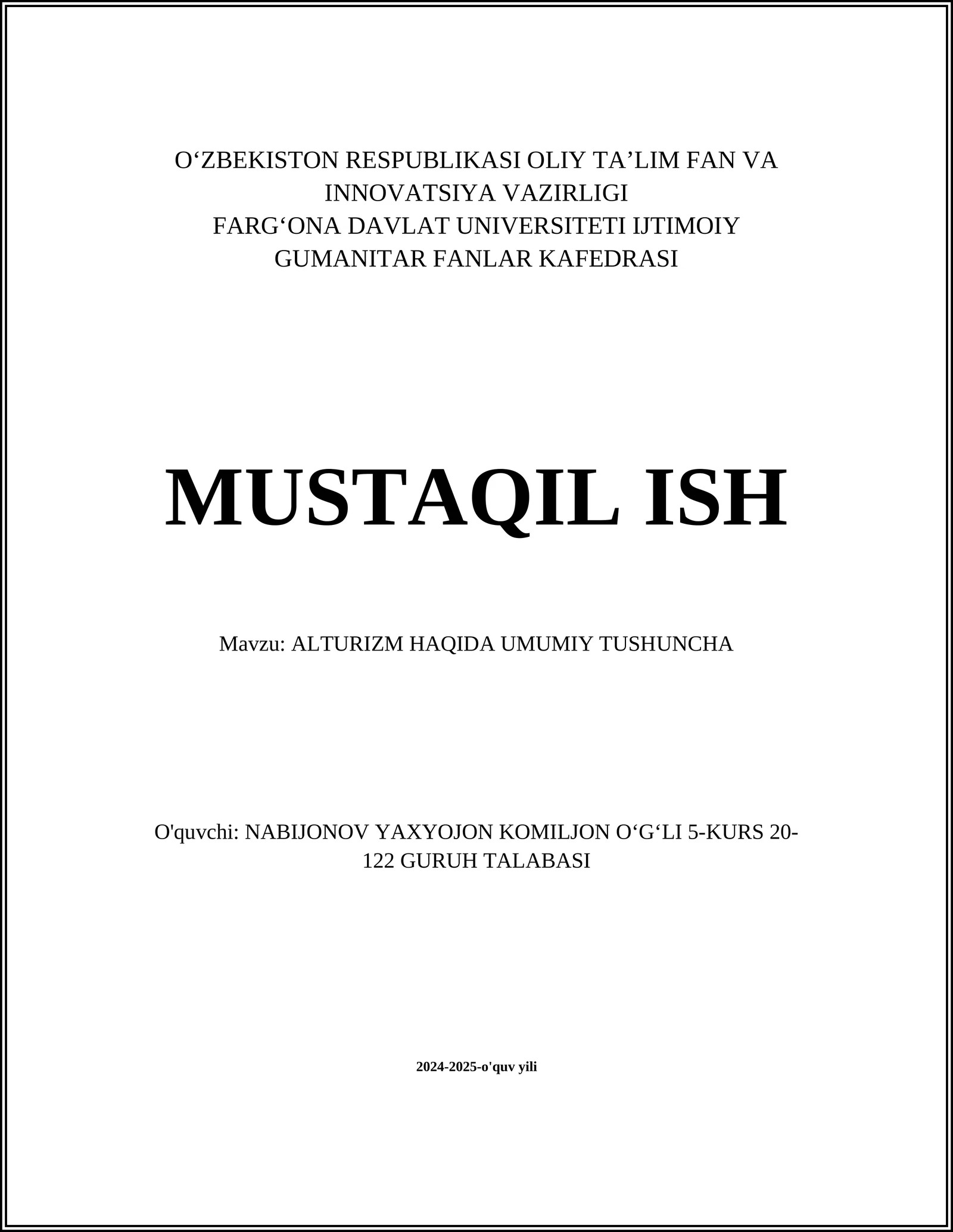 ALTURIZM HAQIDA UMUMIY TUSHUNCHA