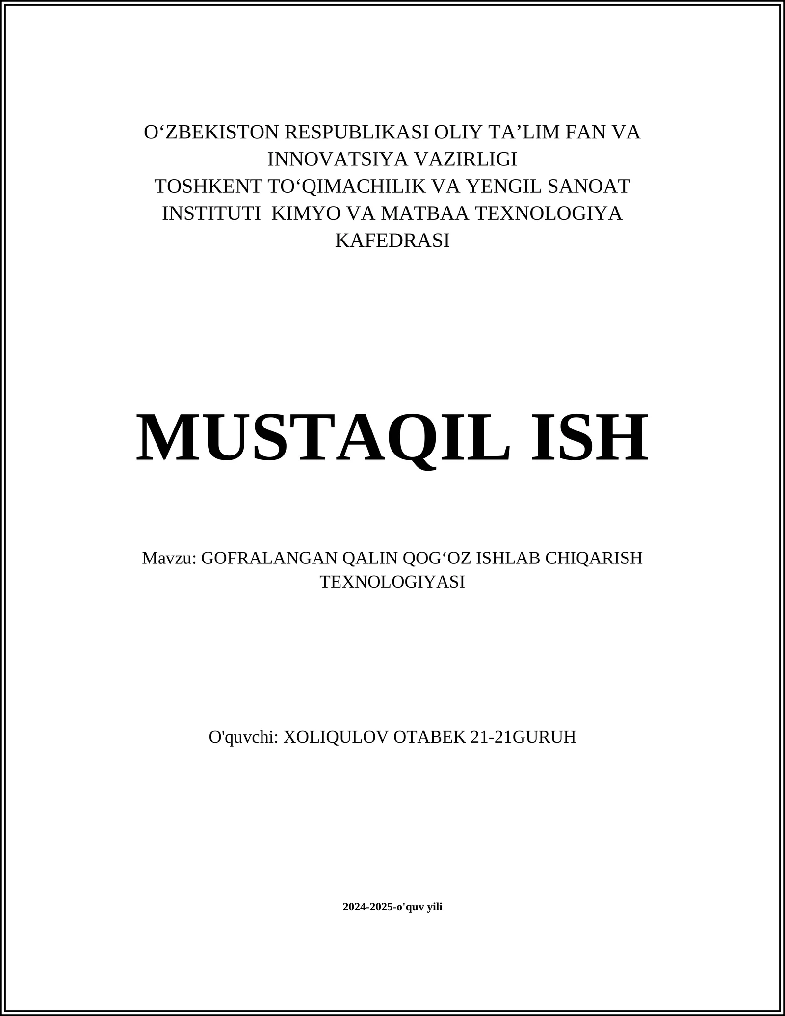 GOFRALANGAN QALIN QOGʻOZ ISHLAB CHIQARISH TEXNOLOGIYASI