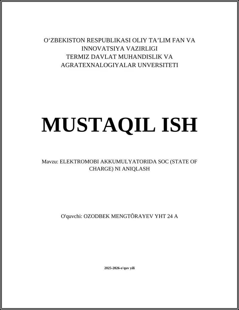 ELEKTROMOBI AKKUMULYATORIDA SOC (STATE OF CHARGE) NI ANIQLASH