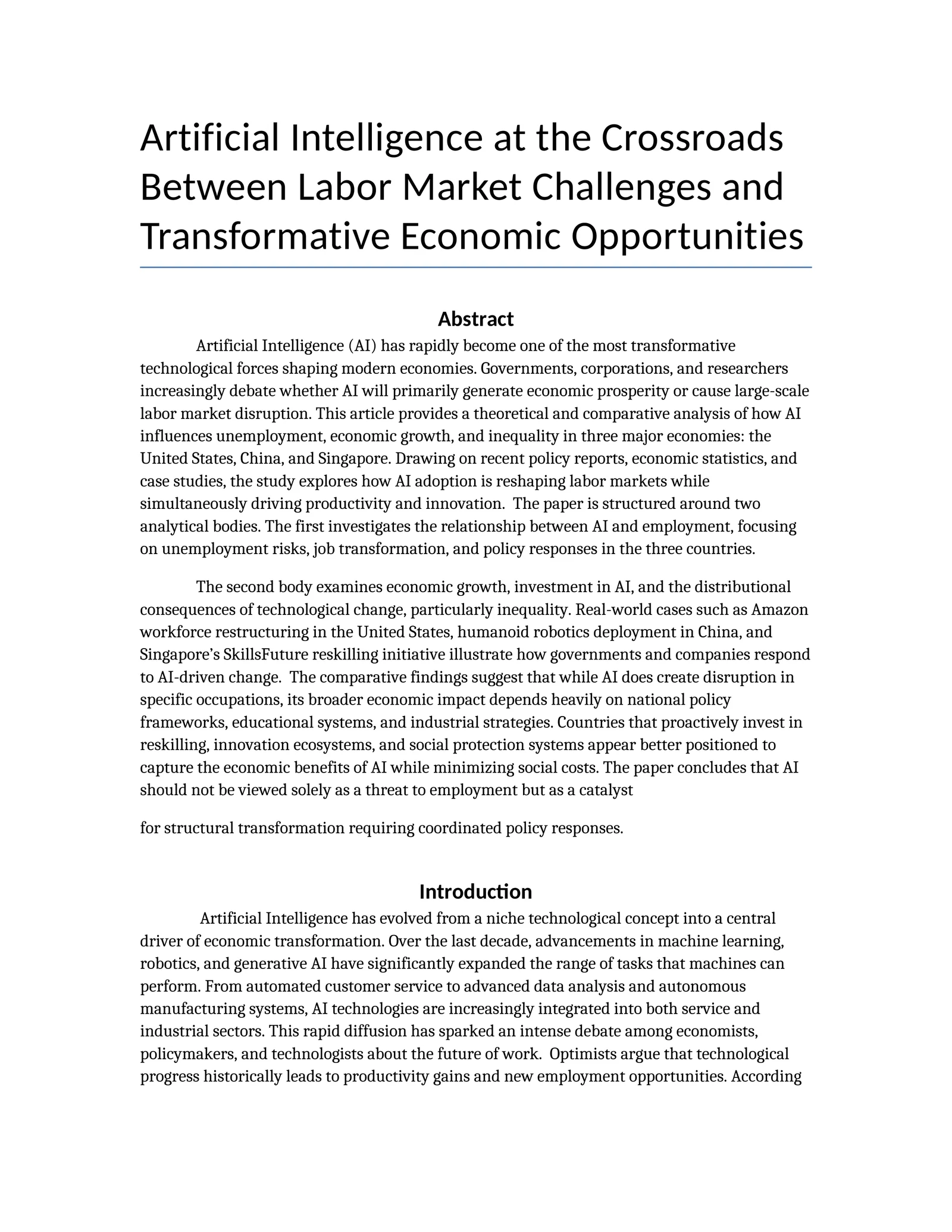 Artificial Intelligence at the Crossroads Between Labor Market Challenges and Transformative Economic Opportunities