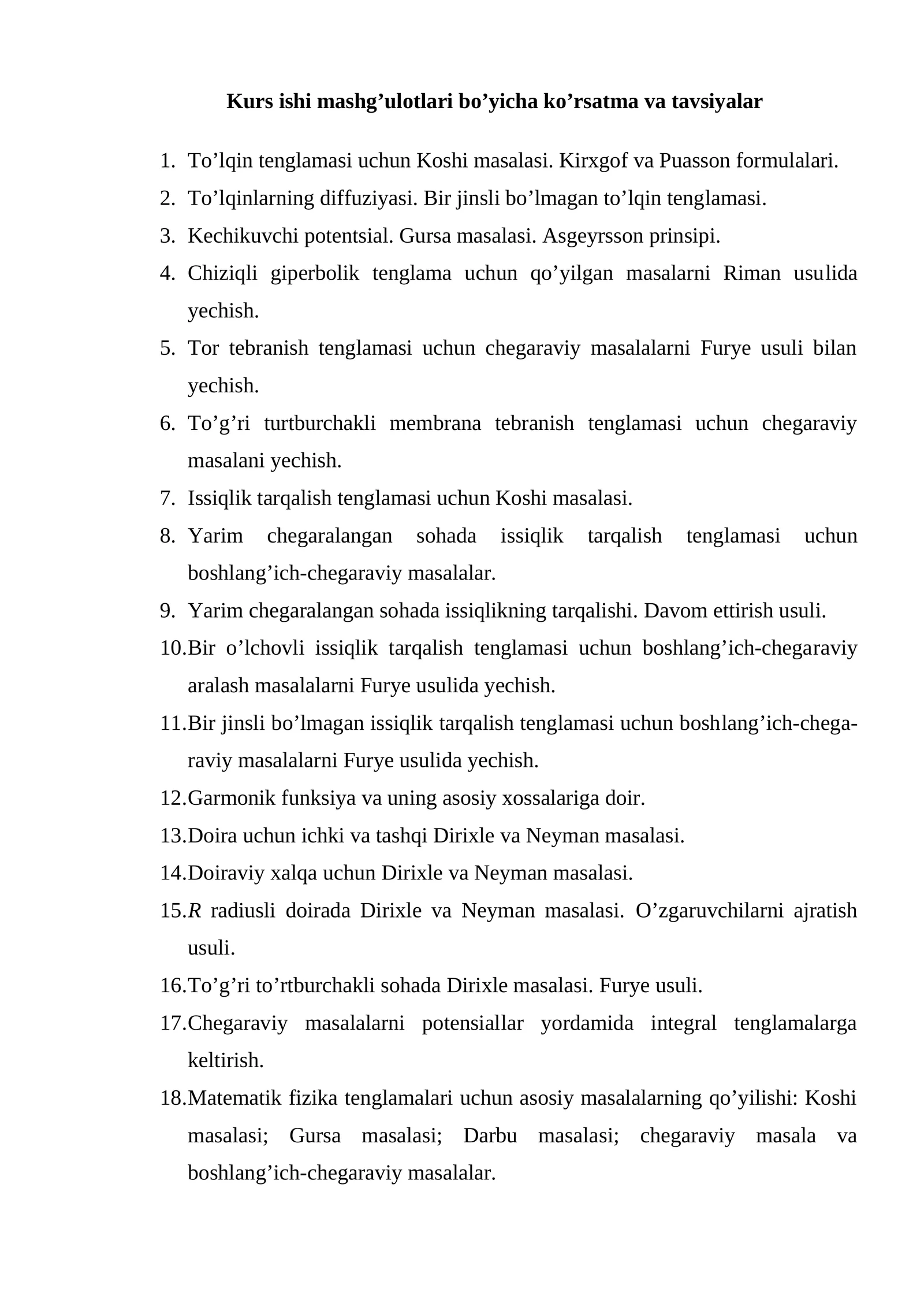 Kurs ishi mashg’ulotlari bo’yicha ko’rsatma va tavsiyalar